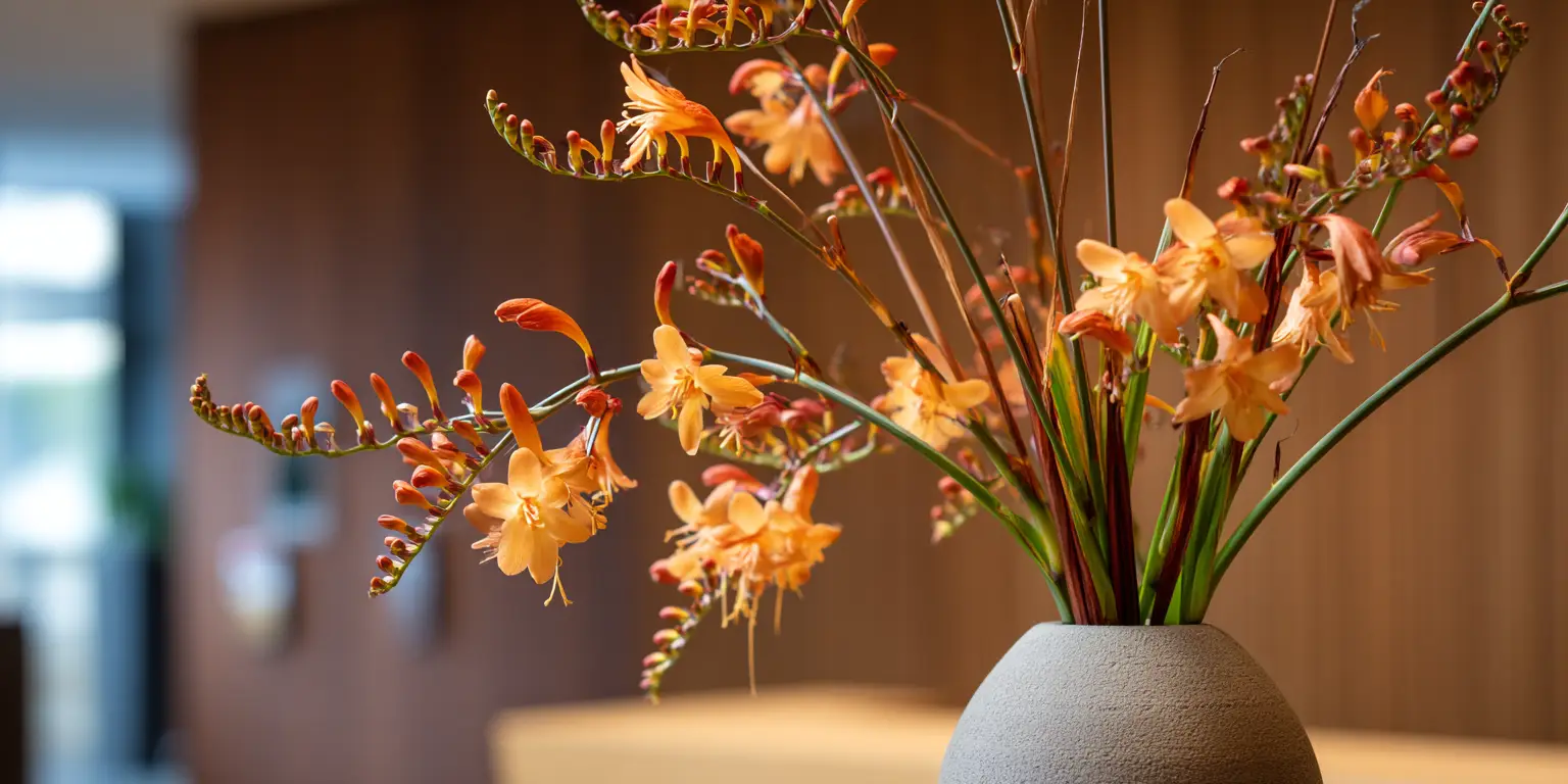 Orange crocosmia flowers on arching sprays arranged in a round grey vase indoors