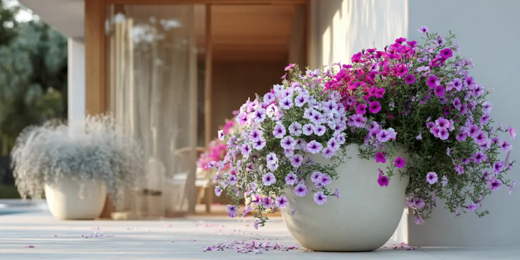 Pink and purple petunias trailing from a white pot on a sunlit patio