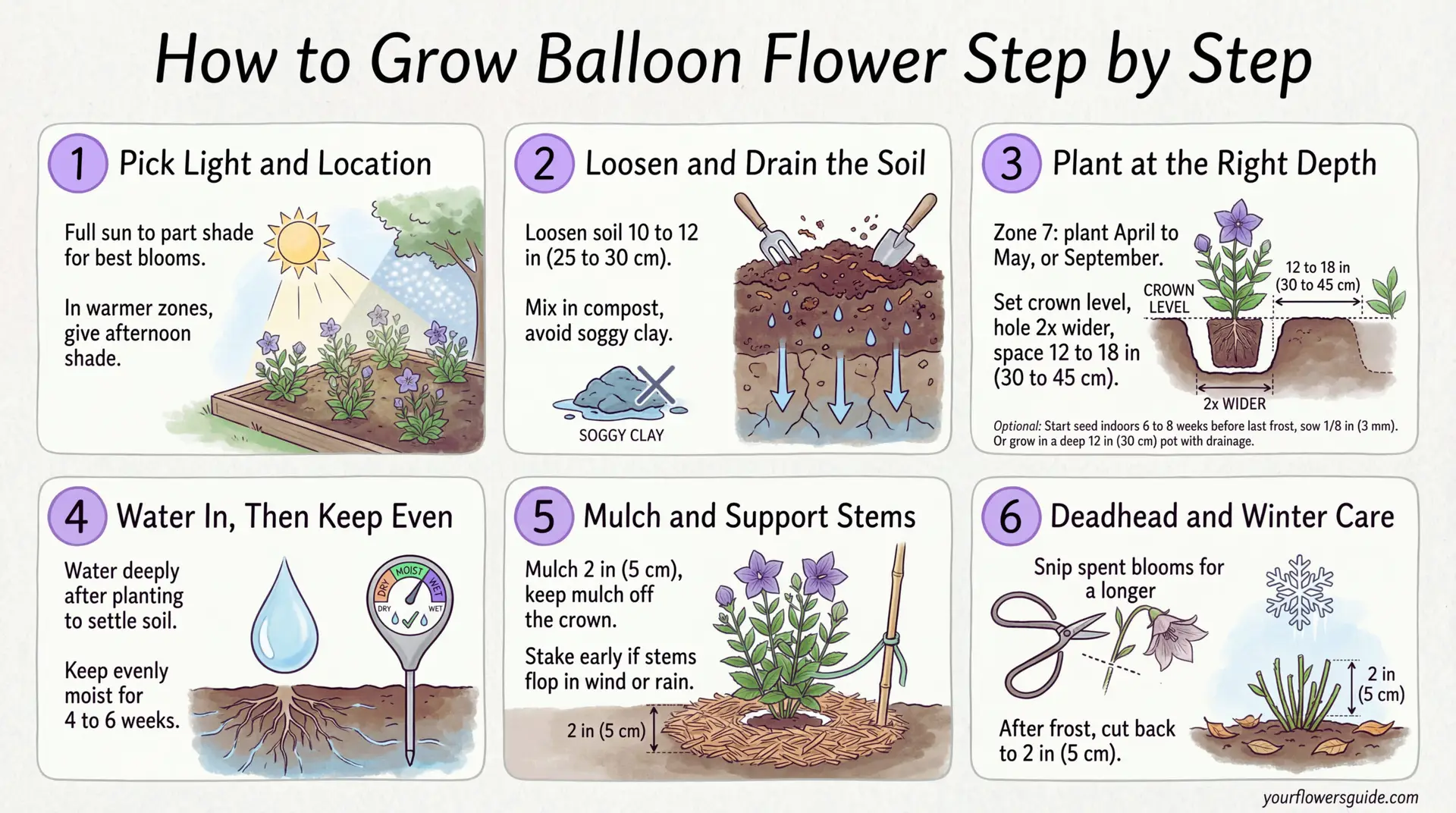 Infographic: A simple step-by-step guide to planting and caring for Balloon Flower in USDA Zone 7, with clear timing, spacing, and watering basics. Follow these steps for strong roots and reliable summer blooms.