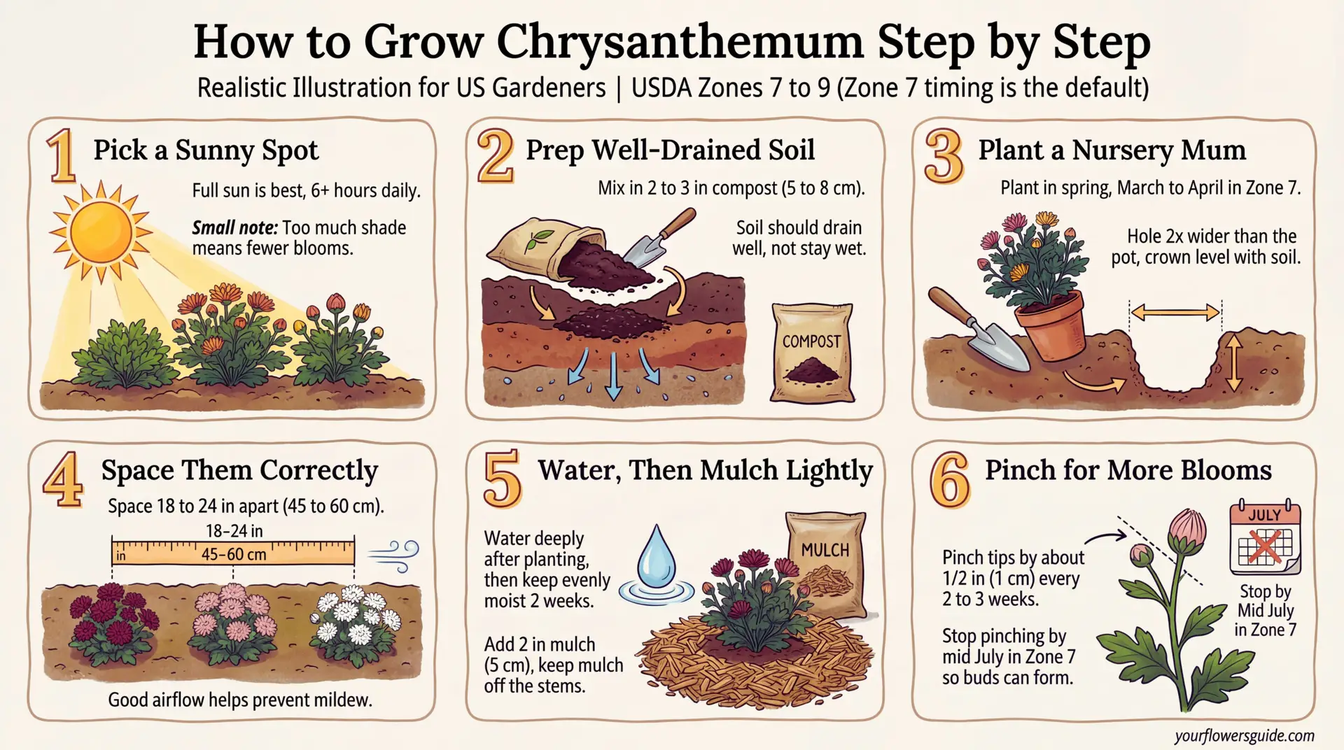 A simple step-by-step guide to planting and growing chrysanthemum (garden mums) in USDA Zone 7, with spacing, watering, and pinching tips for fuller fall blooms. Use it to set up healthy plants and avoid common mistakes like shade and soggy soil.