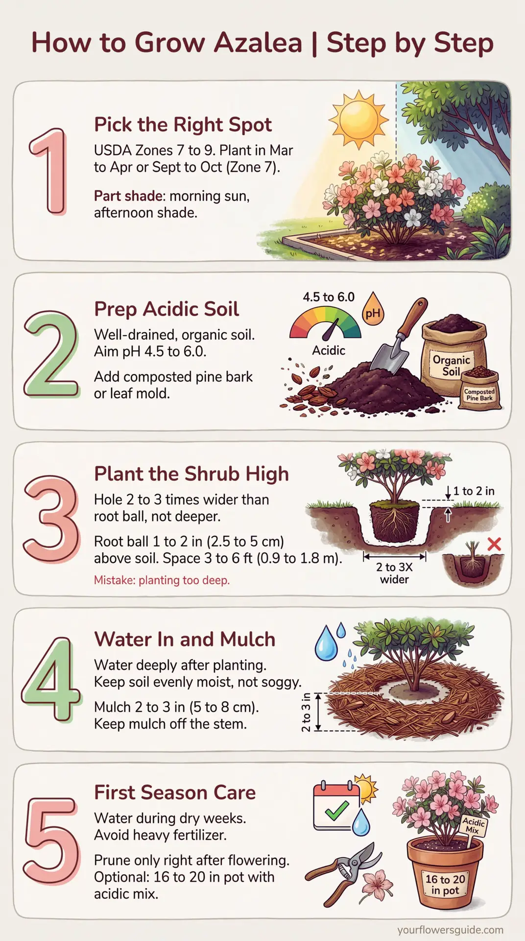 This infographic shows how to plant and grow azalea shrubs in USDA Zone 7 and warmer, from choosing part shade to setting the root ball slightly high. Follow the steps for acidic soil, mulching, and simple first-season care for healthy blooms.