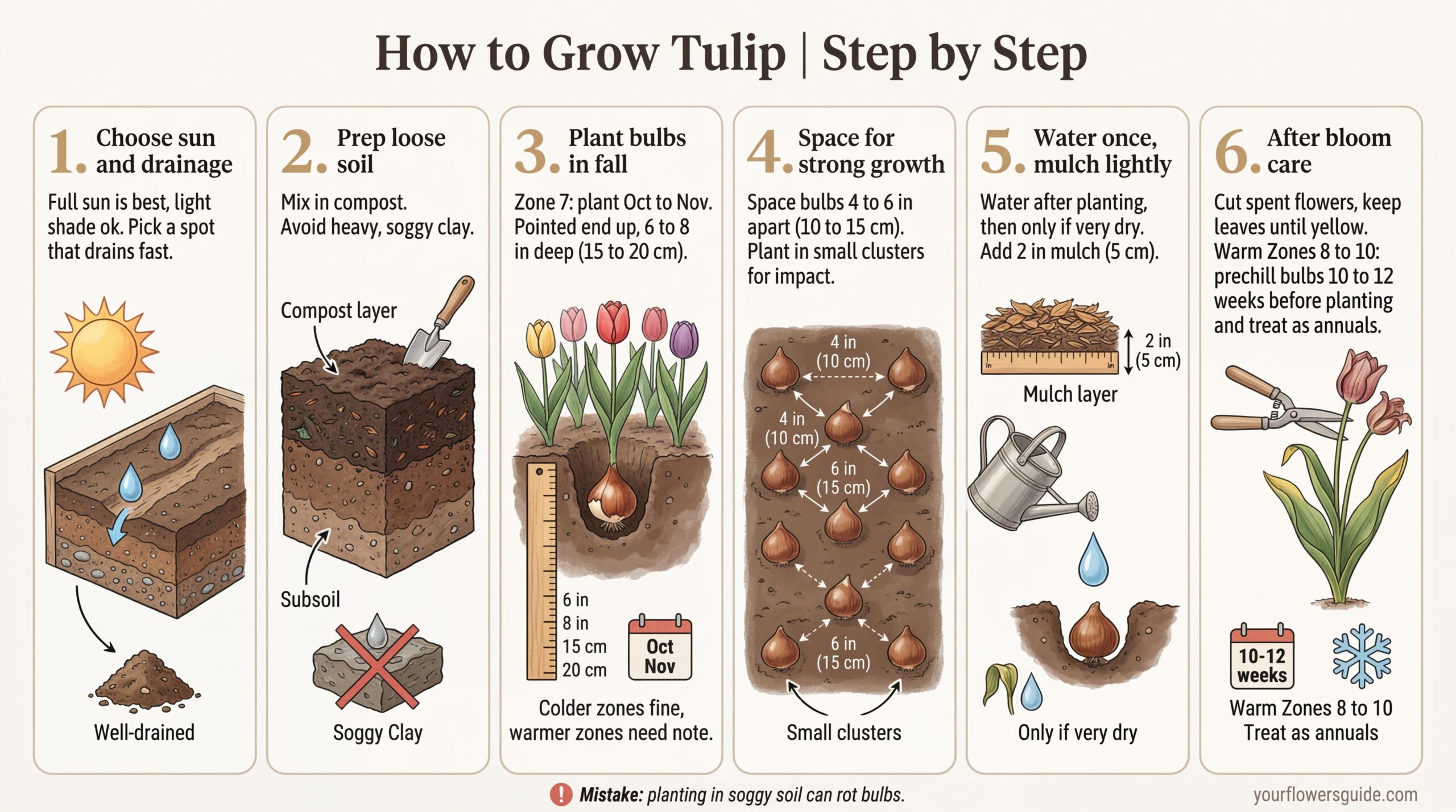 This infographic shows exactly how to plant tulip bulbs and care for them in US gardens, starting from USDA Zone 7. Learn when to plant, correct depth and spacing, and simple after-bloom care for strong spring flowers.