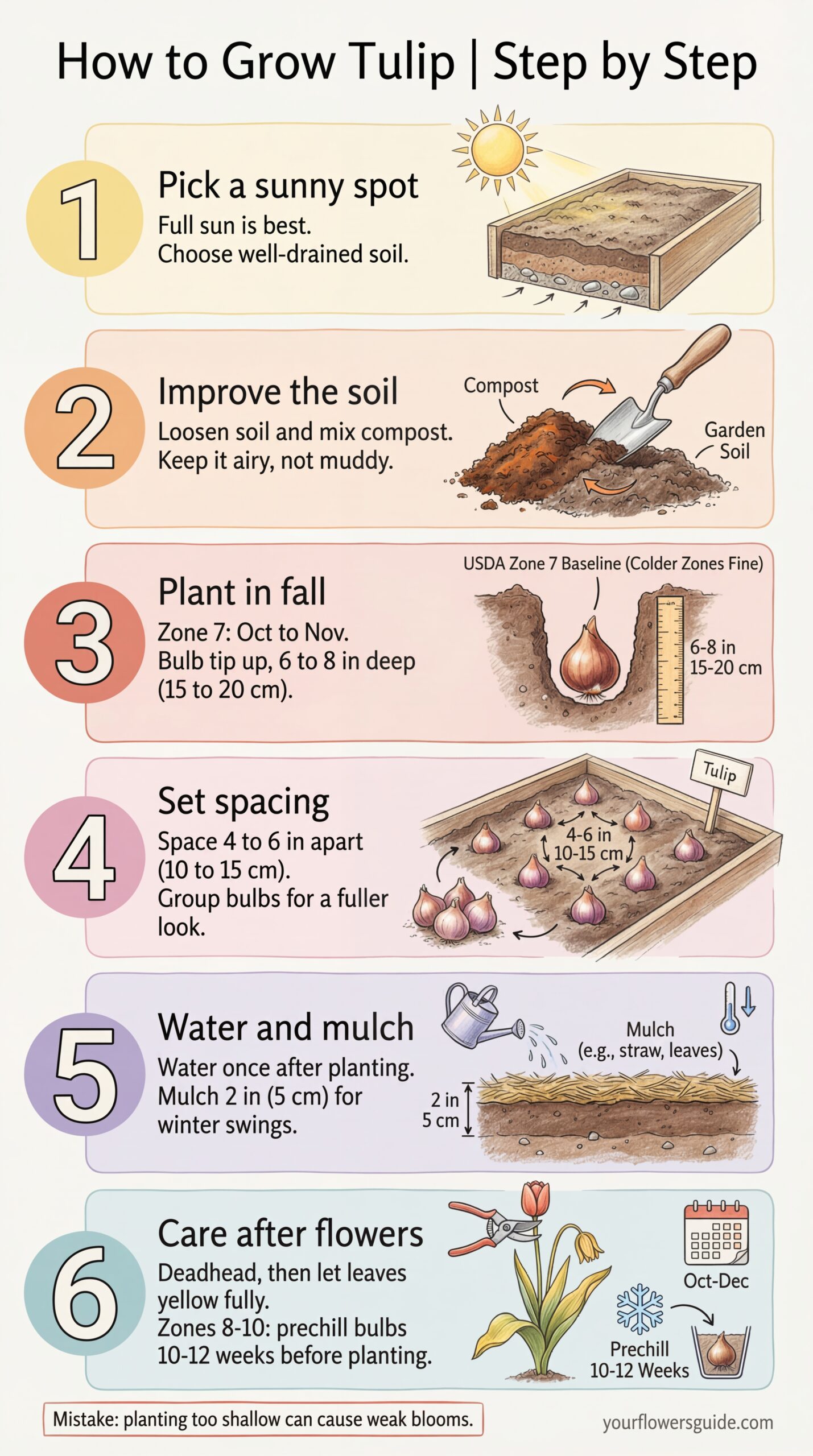 This infographic shows exactly how to plant tulip bulbs and care for them in US gardens, starting from USDA Zone 7. Learn when to plant, correct depth and spacing, and simple after-bloom care for strong spring flowers.