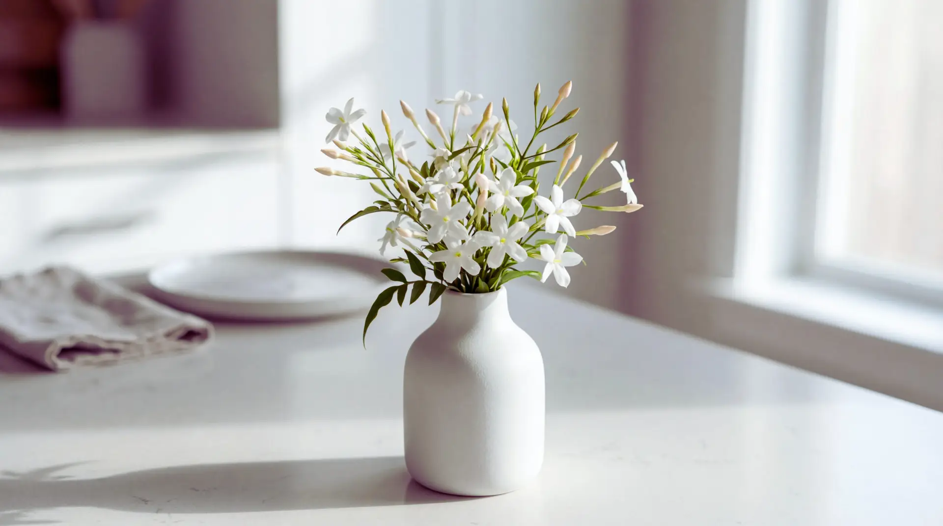 Petite white Jasmine Flower bouquet in a matte white bud vase on a bright kitchen island. The arrangement is airy and rounded with soft morning window light and minimal decor.