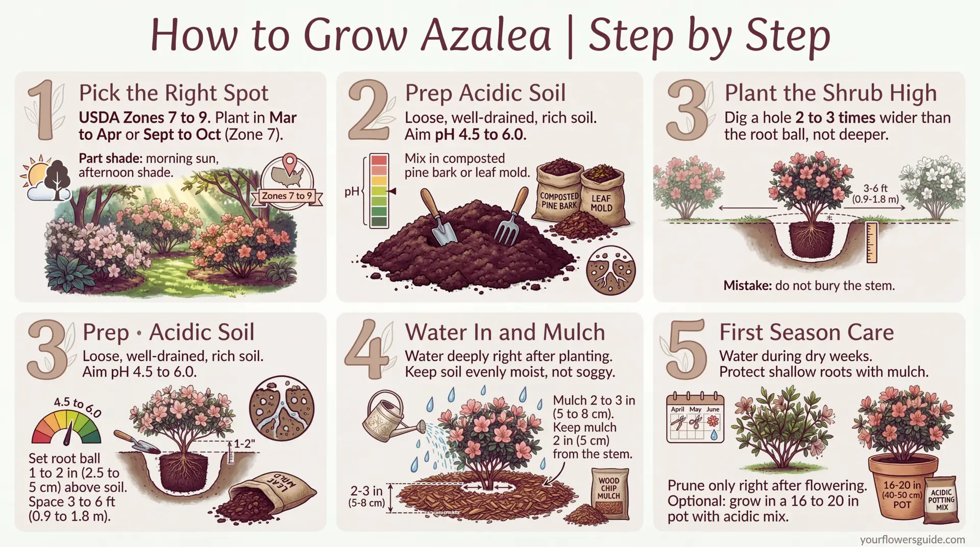 How to grow azalea step by step infographic covering site, acidic soil, planting depth, watering, and first season care