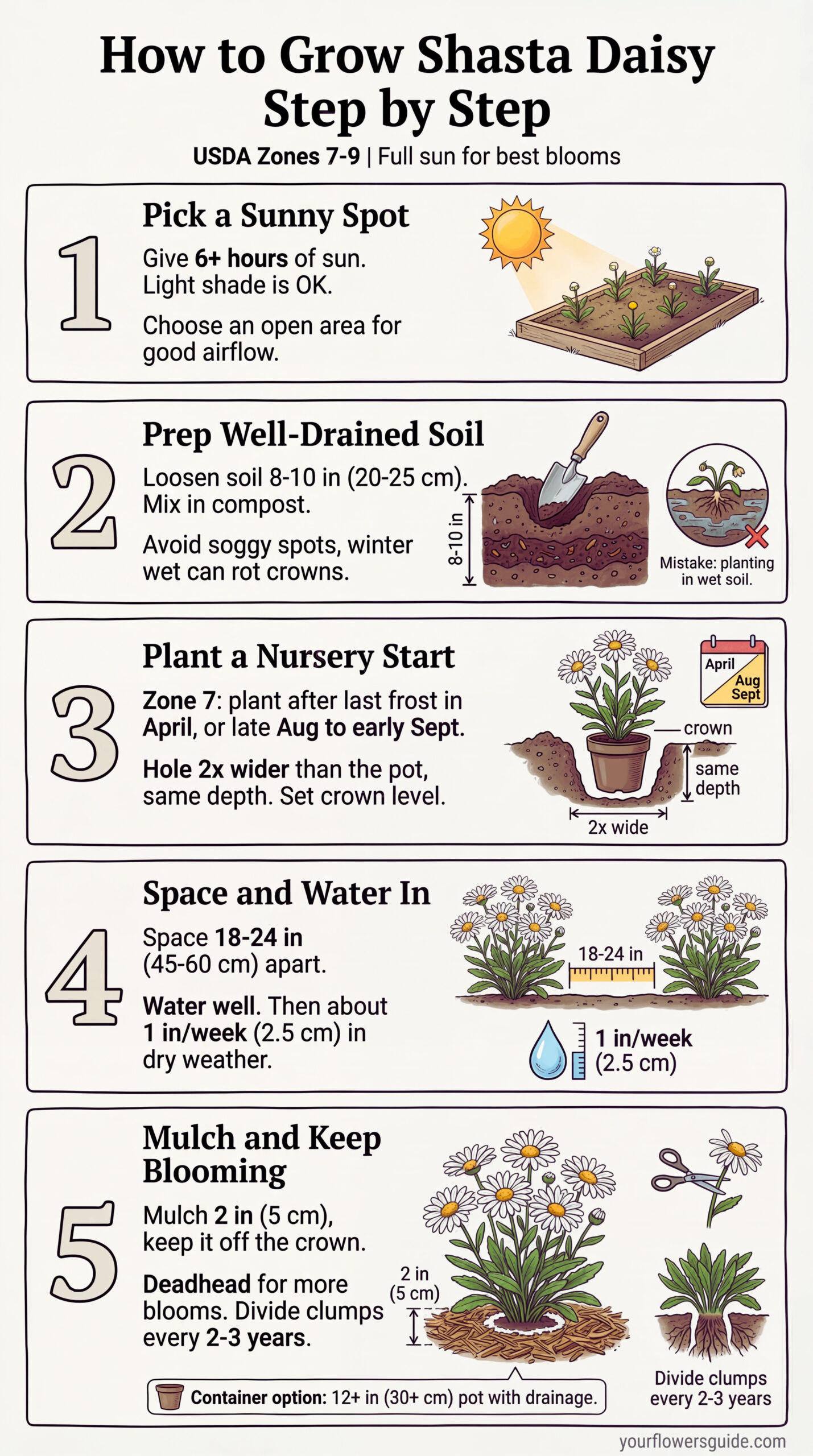 This infographic shows how to plant and grow Shasta daisy in US gardens, starting from USDA Zone 7. Learn when to plant, how far apart to space plants, and simple watering and mulching steps for strong growth and summer blooms. Follow the steps to avoid crown rot and keep flowers coming with easy deadheading.