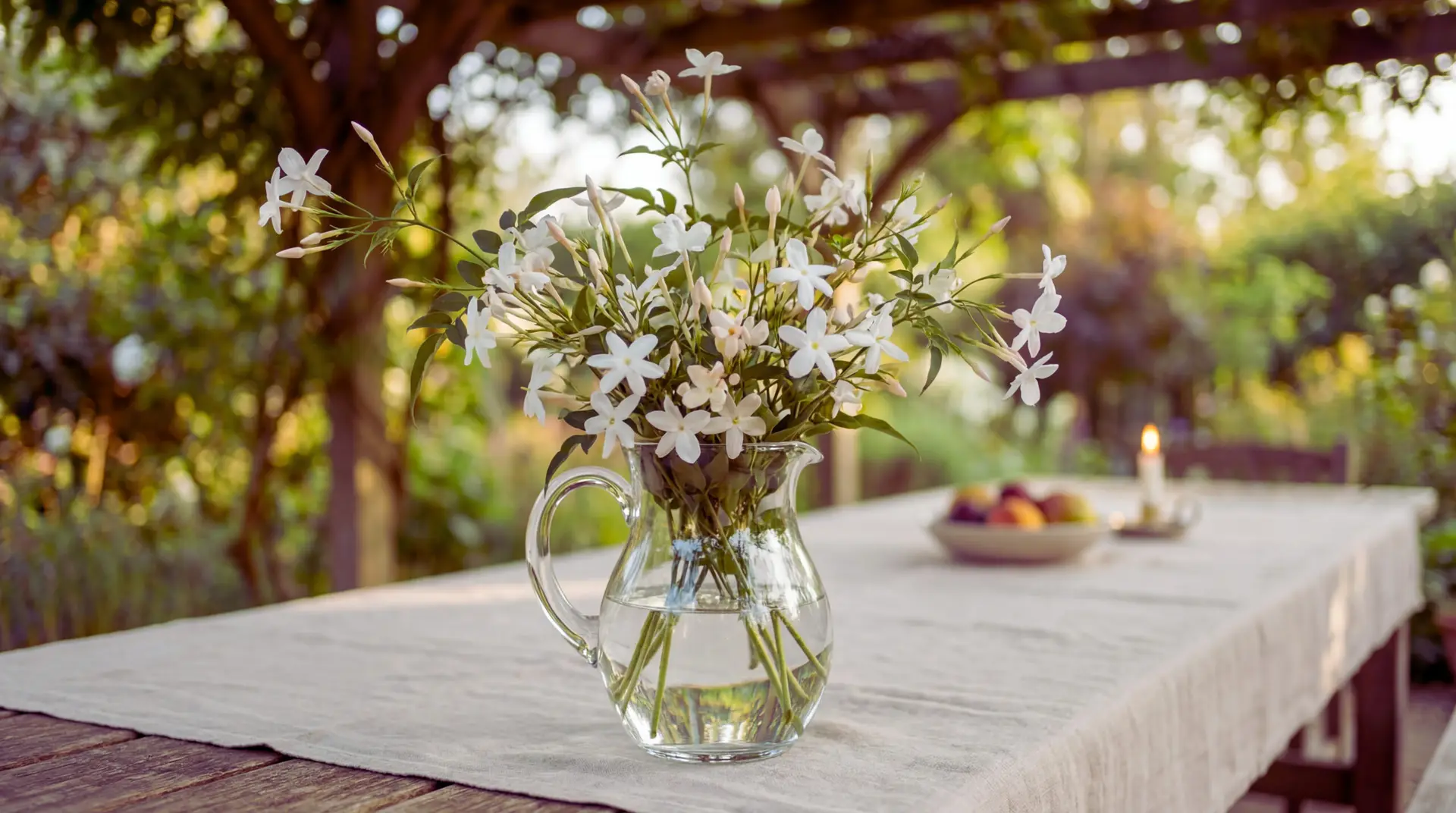 Loose white Jasmine Flower bouquet in a clear glass pitcher vase on a patio table with a light linen cloth. The scene is outdoors in soft natural daylight with gentle garden bokeh.