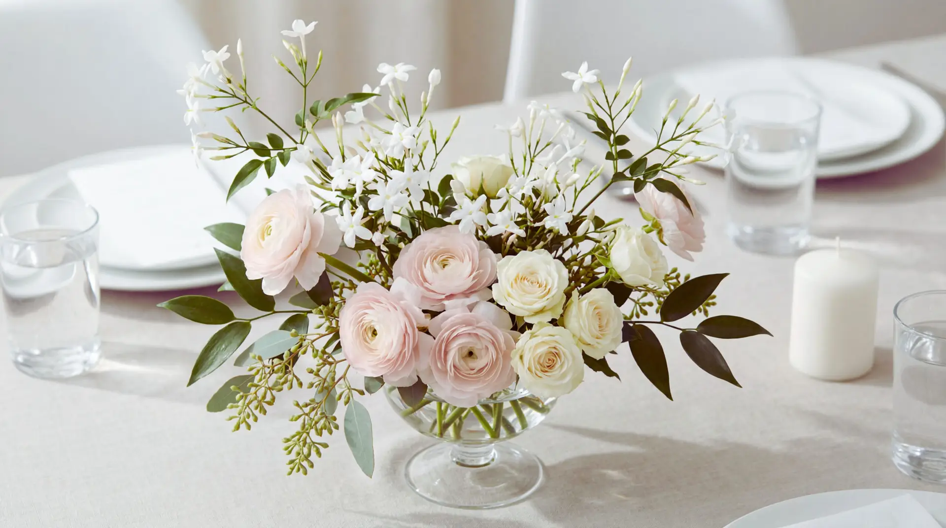 Jasmine Flower centerpiece with white jasmine, blush ranunculus, and white spray roses in a clear vase on an elegant event table. The palette is white, blush, and soft green in natural daylight with gentle bokeh.