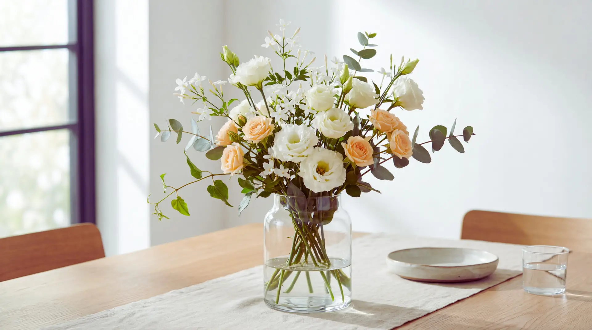 Airy Jasmine Flower bouquet mixed with white lisianthus and pale peach spray roses in a clear glass vase on a bright dining table. The palette is white, peach, and soft green with natural window light.