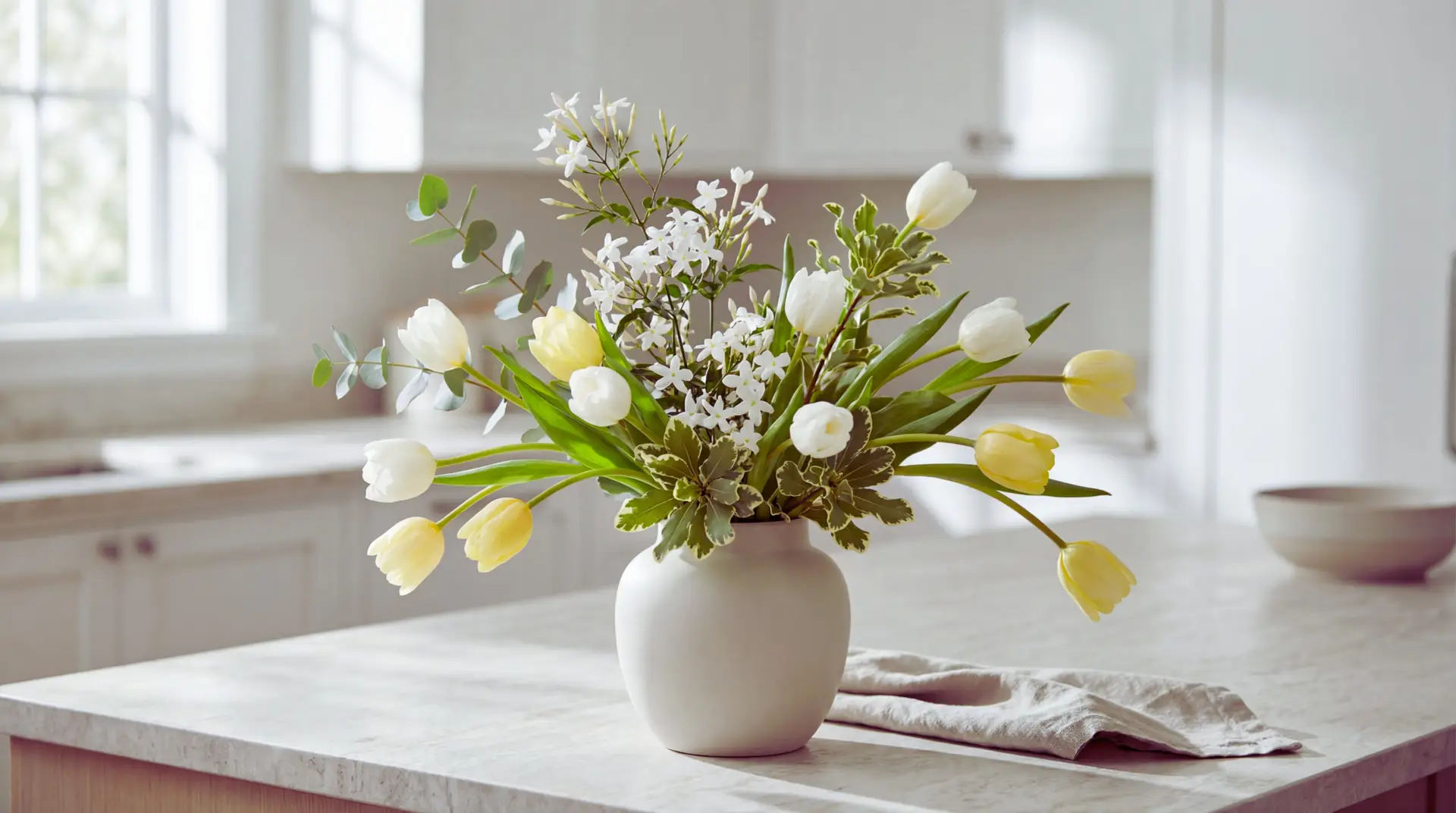 Modern Jasmine Flower bouquet with white and pale yellow tulips in a matte light vase on a bright kitchen island. The palette is white, pale yellow, and soft green in natural morning light.