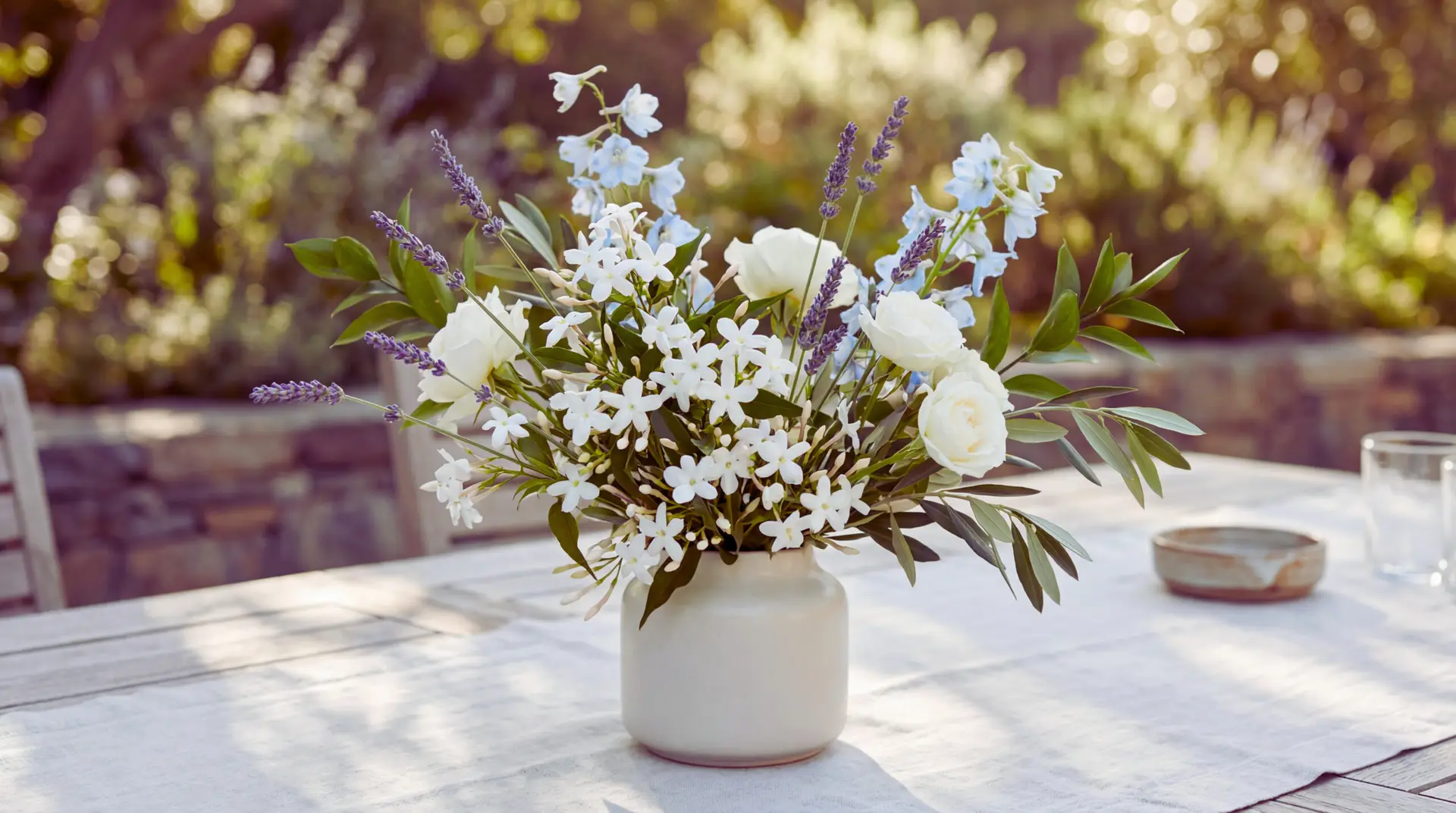 Jasmine Flower bouquet mixed with lavender, pale blue delphinium, and white roses on a patio table in soft daylight. The arrangement is airy and asymmetrical with white, lavender, and pale blue tones.