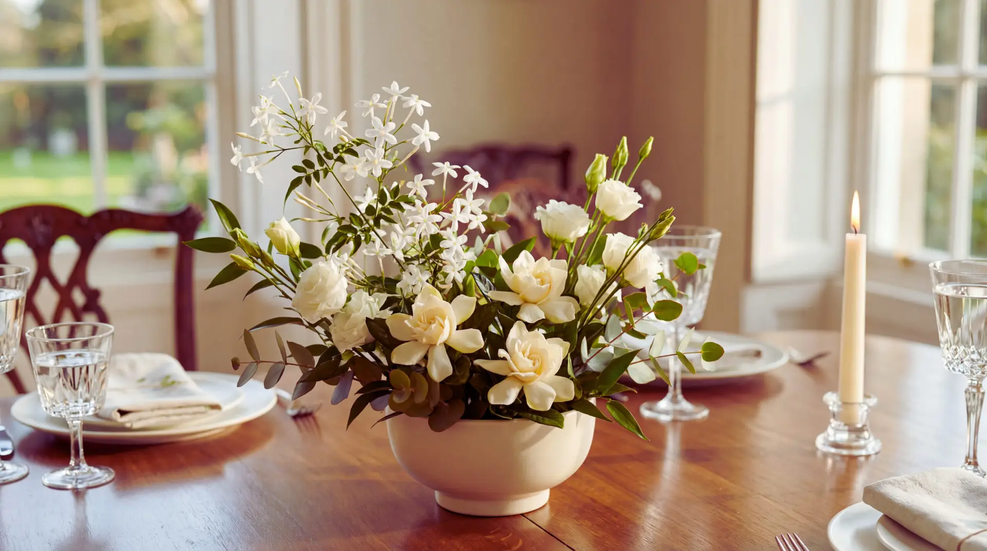 Elegant Jasmine Flower centerpiece with ivory gardenias and white lisianthus in a low vase on a softly styled event table. The palette is white, ivory, and soft green in natural daylight with gentle bokeh.