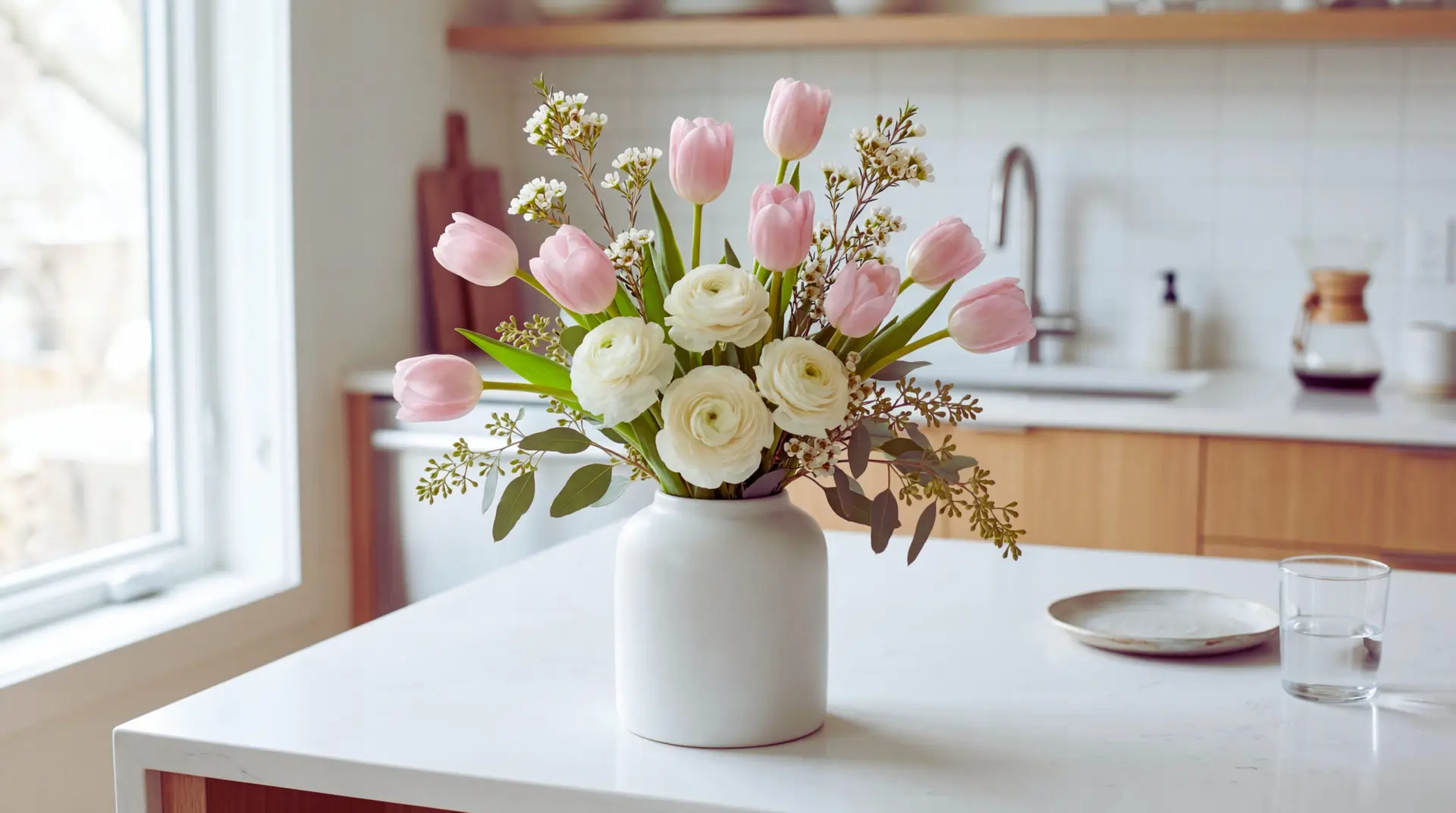 A blush pink tulip bouquet mixed with white ranunculus, waxflower, and seeded eucalyptus in a matte white vase on a bright kitchen island. Soft morning light and a modern blurred kitchen background keep the scene airy.