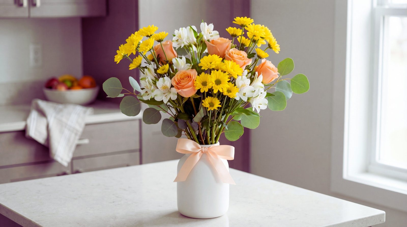 A yellow chrysanthemum bouquet mixed with peach roses and white alstroemeria in a matte white vase on a bright kitchen island. The styling is airy and modern with soft morning daylight.