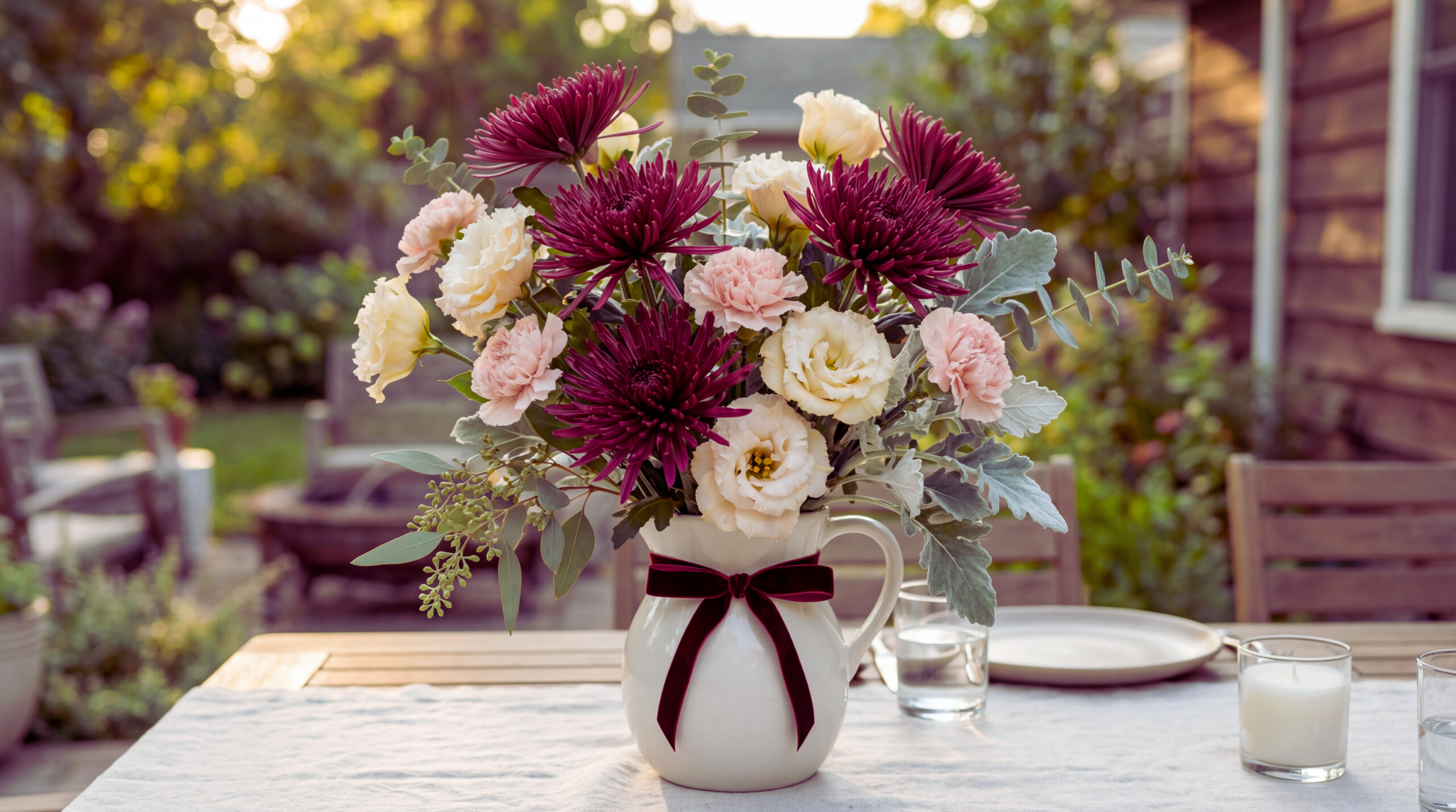 A burgundy chrysanthemum bouquet with cream lisianthus and blush carnations in a ceramic jug on a patio table. The arrangement is airy and asymmetrical in soft natural outdoor light.