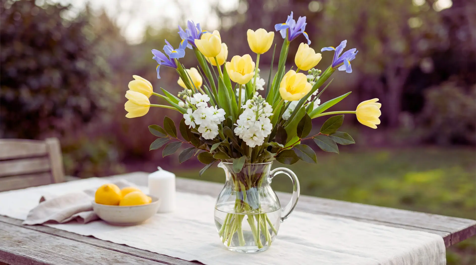 A yellow tulip bouquet mixed with blue iris, white stock, and salal greenery arranged in a clear glass pitcher on a patio table. Soft outdoor shade and garden bokeh create a calm spring atmosphere.