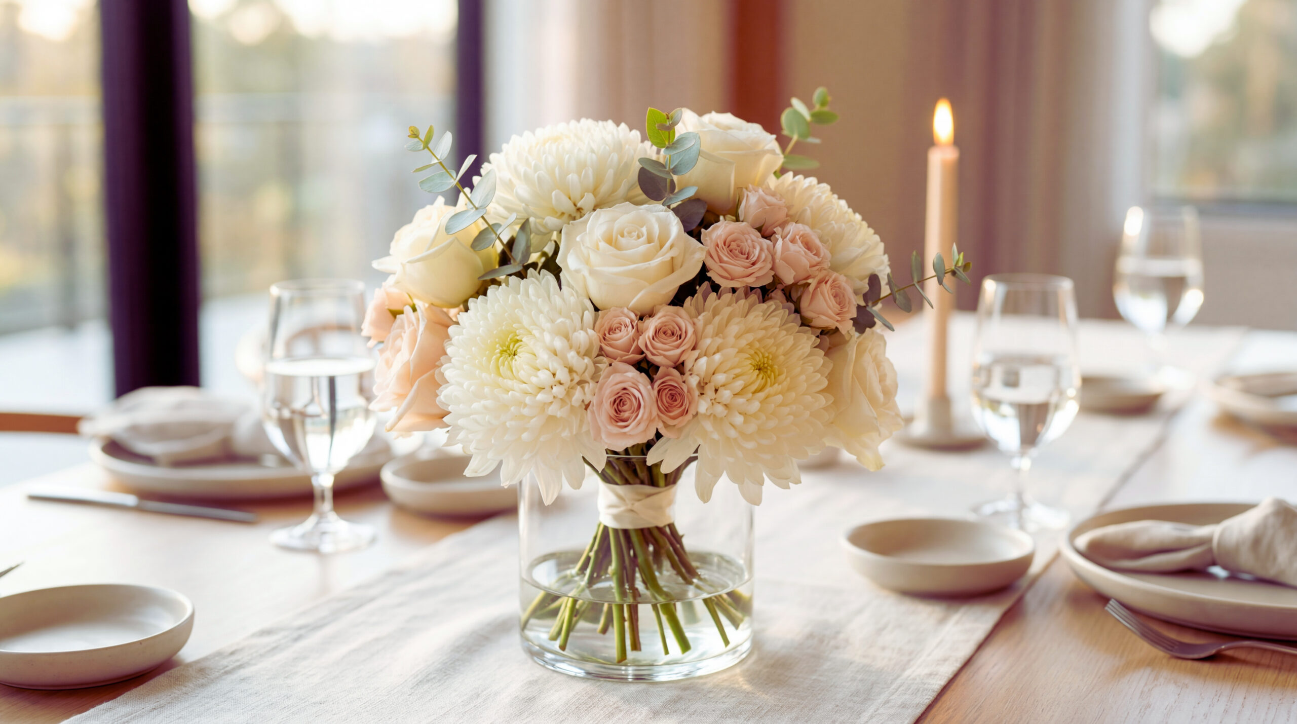 An ivory chrysanthemum and rose centerpiece in a clear glass vase on an event table. The palette is ivory and blush with minimal greenery in soft natural light.