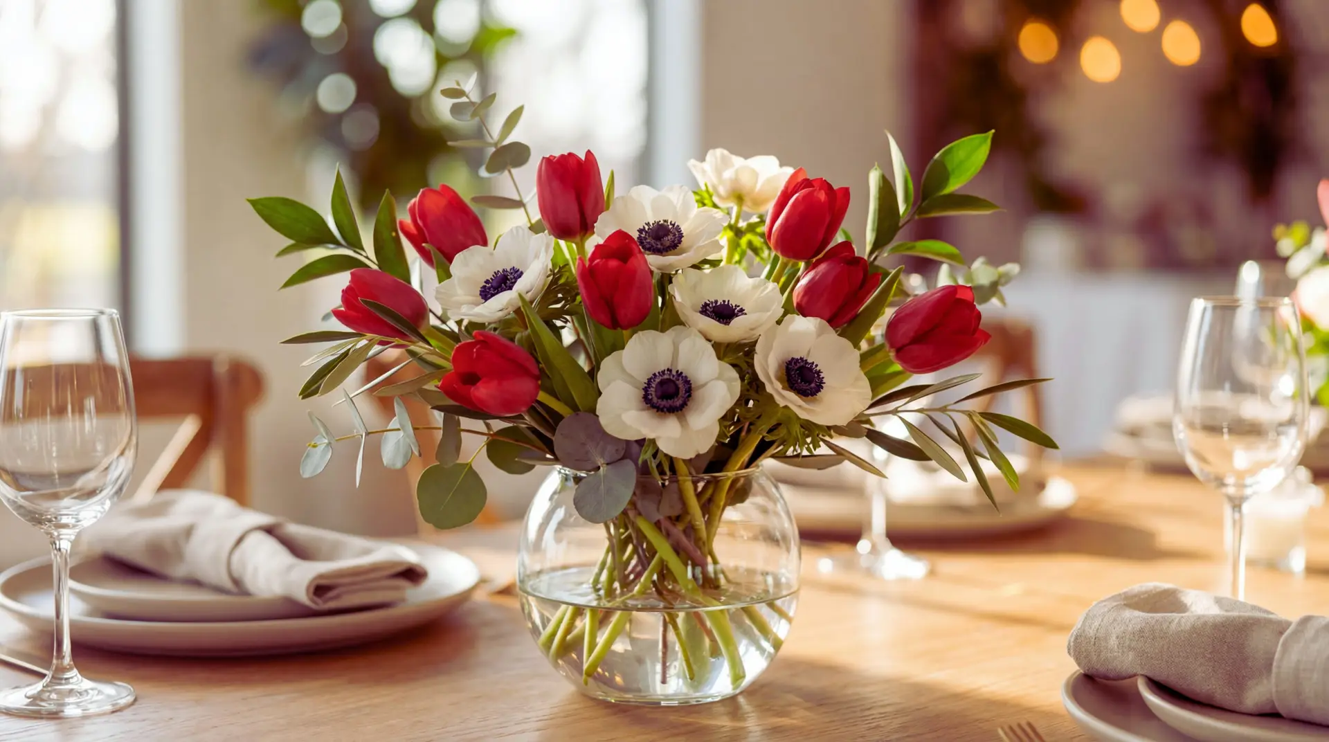 A low centerpiece of red tulips and white anemones with eucalyptus, ruscus, and olive foliage in a clear bowl vase on an event table. Soft natural light and blurred place settings create an elegant mood.