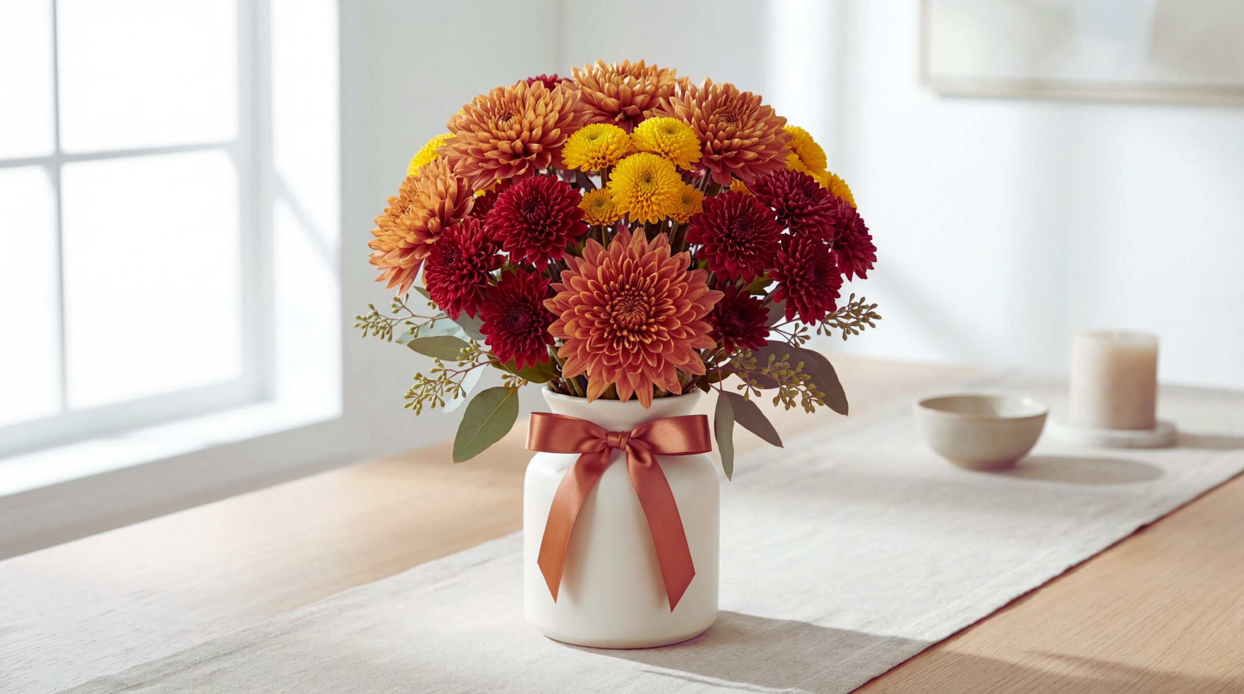 A bronze and red chrysanthemum bouquet with small yellow button mums in a white ceramic vase on a bright dining table. The style is warm, rounded, and autumn-inspired in natural window light.