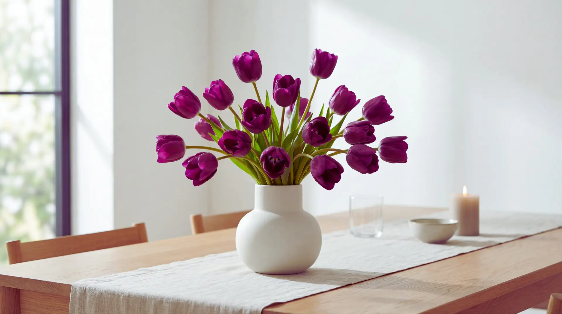 A tulip-only bouquet of deep purple tulips arranged in a soft dome inside an off-white ceramic vase on a bright dining table. Side window light and minimal decor create a modern, airy look.