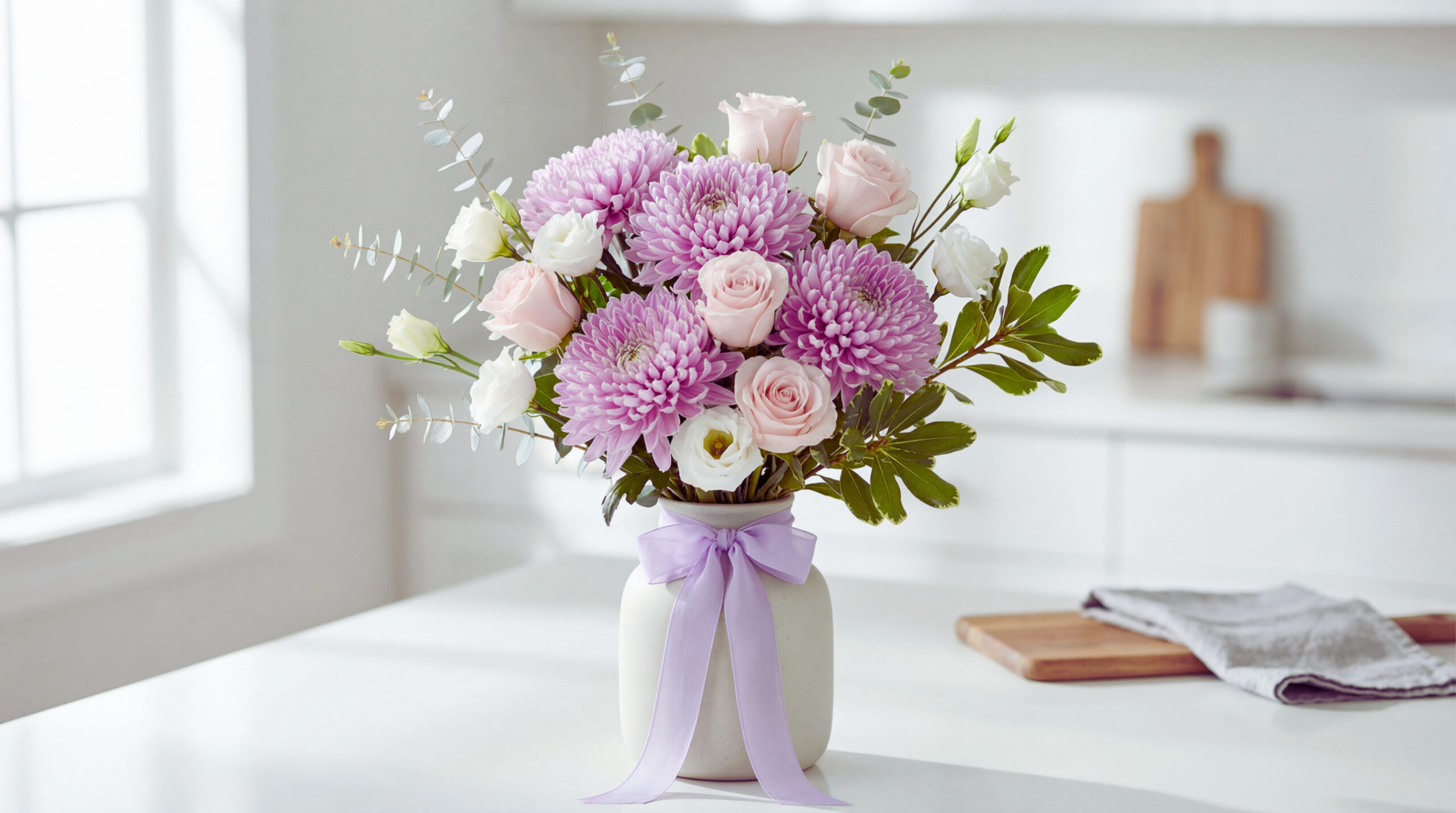 A lavender chrysanthemum bouquet mixed with blush roses and white lisianthus in a stoneware vase on a bright kitchen island. The arrangement is airy and modern in soft morning light.