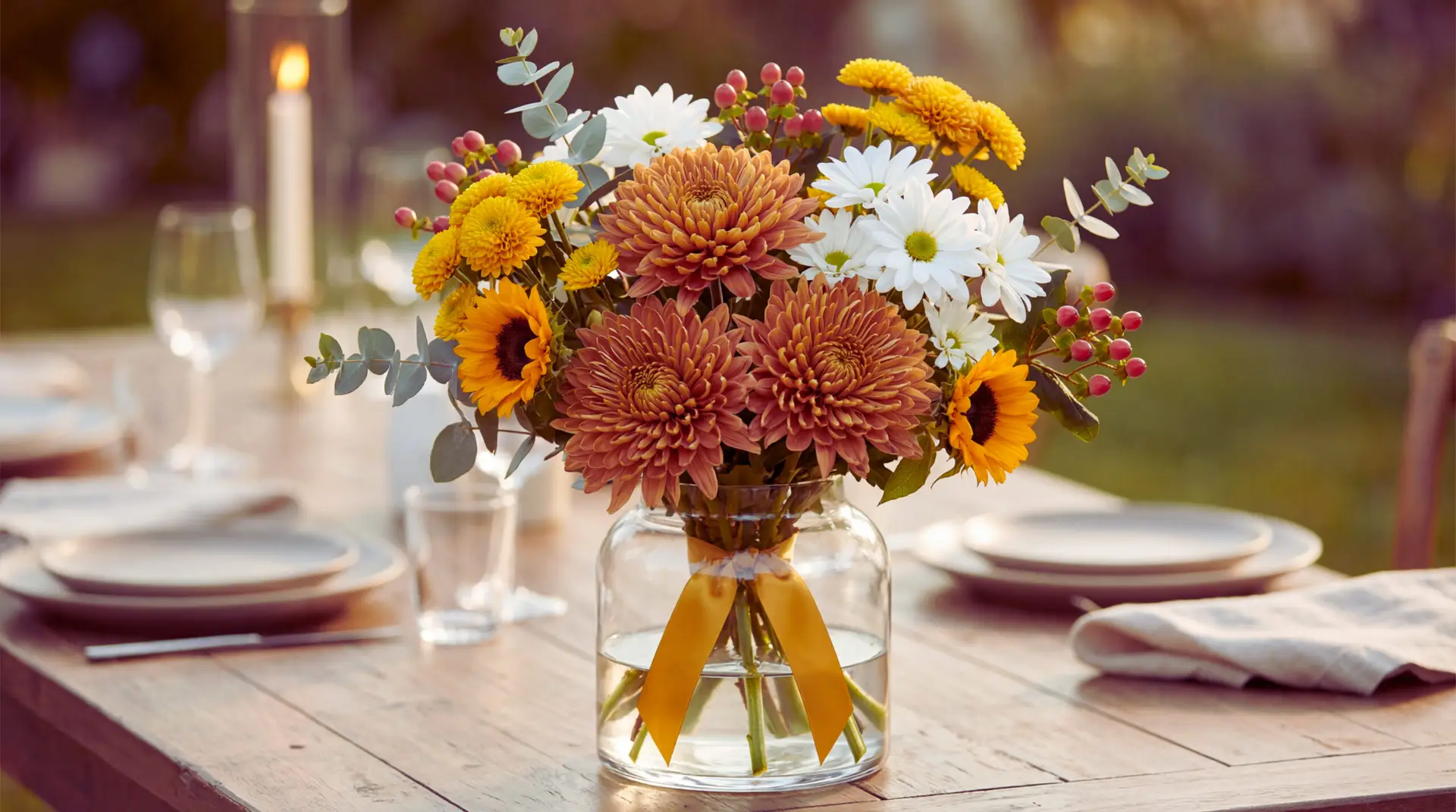 A golden hour event centerpiece featuring bronze and yellow chrysanthemums with small sunflowers and white daisies in a clear vase. The bouquet is lively and slightly asymmetrical with eucalyptus and red berry accents.
