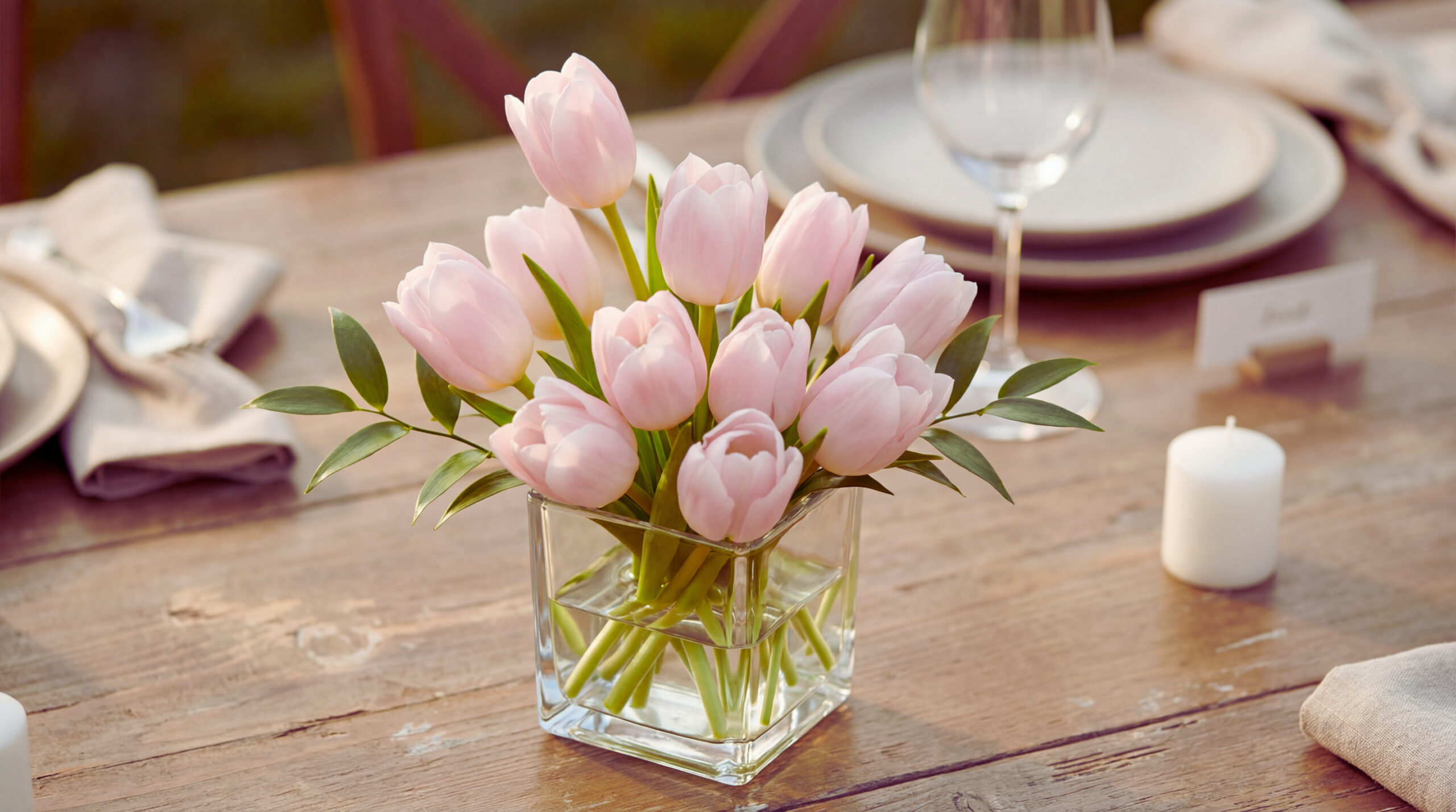 A petite centerpiece of soft pink tulips with minimal ruscus greenery in a small clear glass vase on an elegant event table. Natural daylight and blurred place settings create a modern, airy celebration mood.