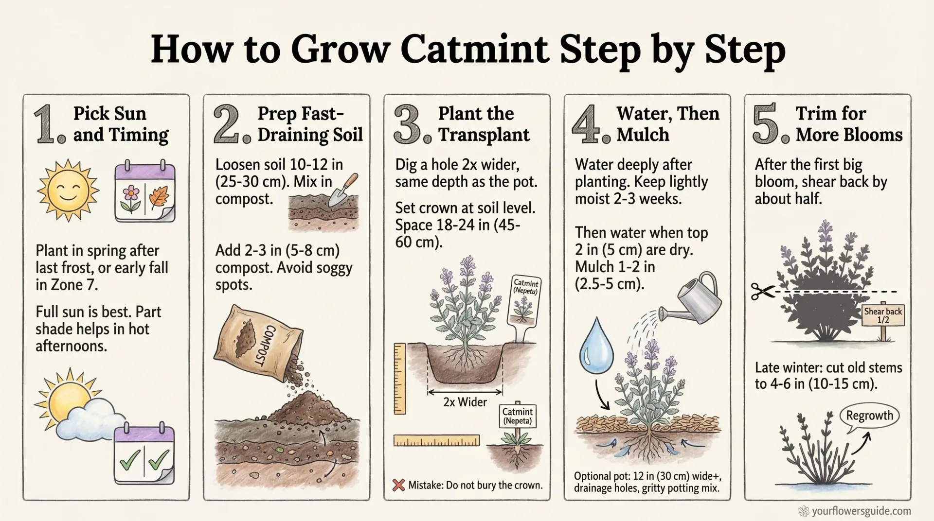 This infographic shows how to plant and grow jasmine for US gardens starting from USDA Zone 7. Follow simple steps for sun, soil prep, planting depth and spacing, plus easy watering and mulching. Train the vine on a support and prune after bloom for stronger growth and more flowers.
