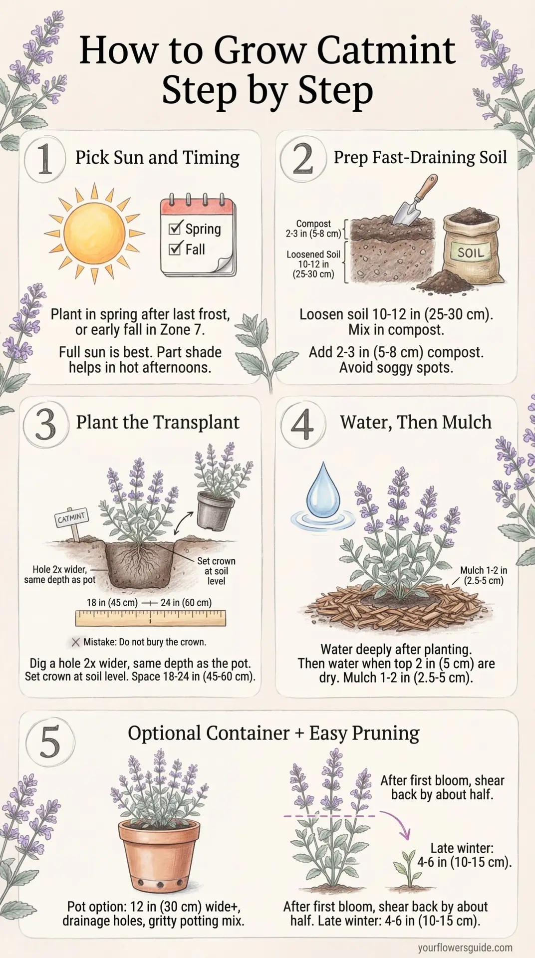 This infographic shows how to plant and grow jasmine for US gardens starting from USDA Zone 7. Follow simple steps for sun, soil prep, planting depth and spacing, plus easy watering and mulching. Train the vine on a support and prune after bloom for stronger growth and more flowers.