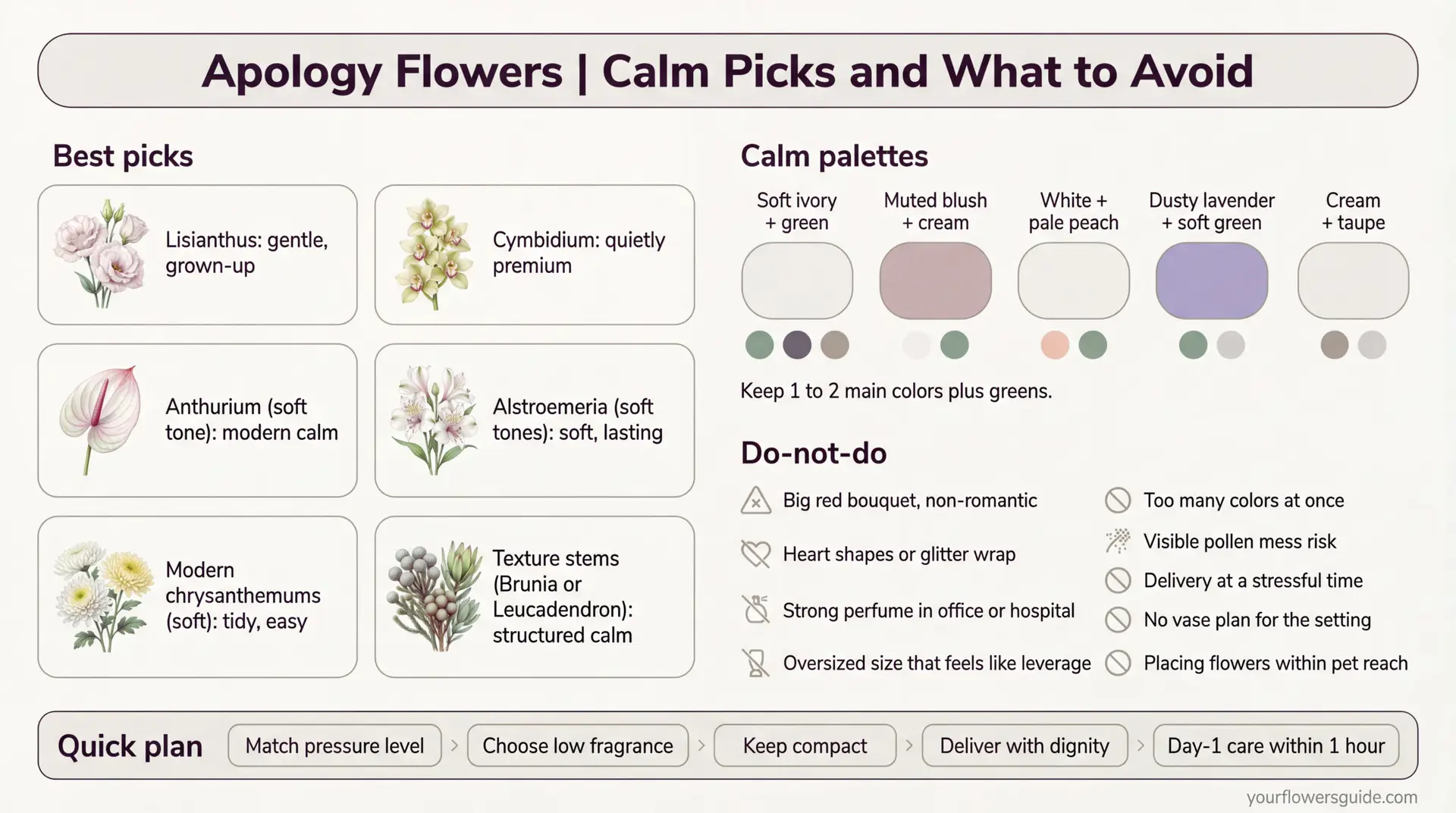 A tall, minimal infographic on a warm off-white background titled "Apology Flowers | Calm Picks and What to Avoid". The top section shows a two-column grid of six rounded cards labeled "Best picks", each card featuring a small realistic flower illustration and a short calm descriptor for lisianthus, cymbidium orchid, soft-tone anthurium, soft-tone alstroemeria, modern soft chrysanthemums, and texture stems like brunia or leucadendron. The middle section labeled "Calm palettes" displays five rounded color swatches with small accent dots and a note about keeping one to two main colors plus greens. The bottom section is a "Do-not-do" checklist with nine warning items, followed by a footer strip "Quick plan" with five short steps. Watermark appears bottom-right.