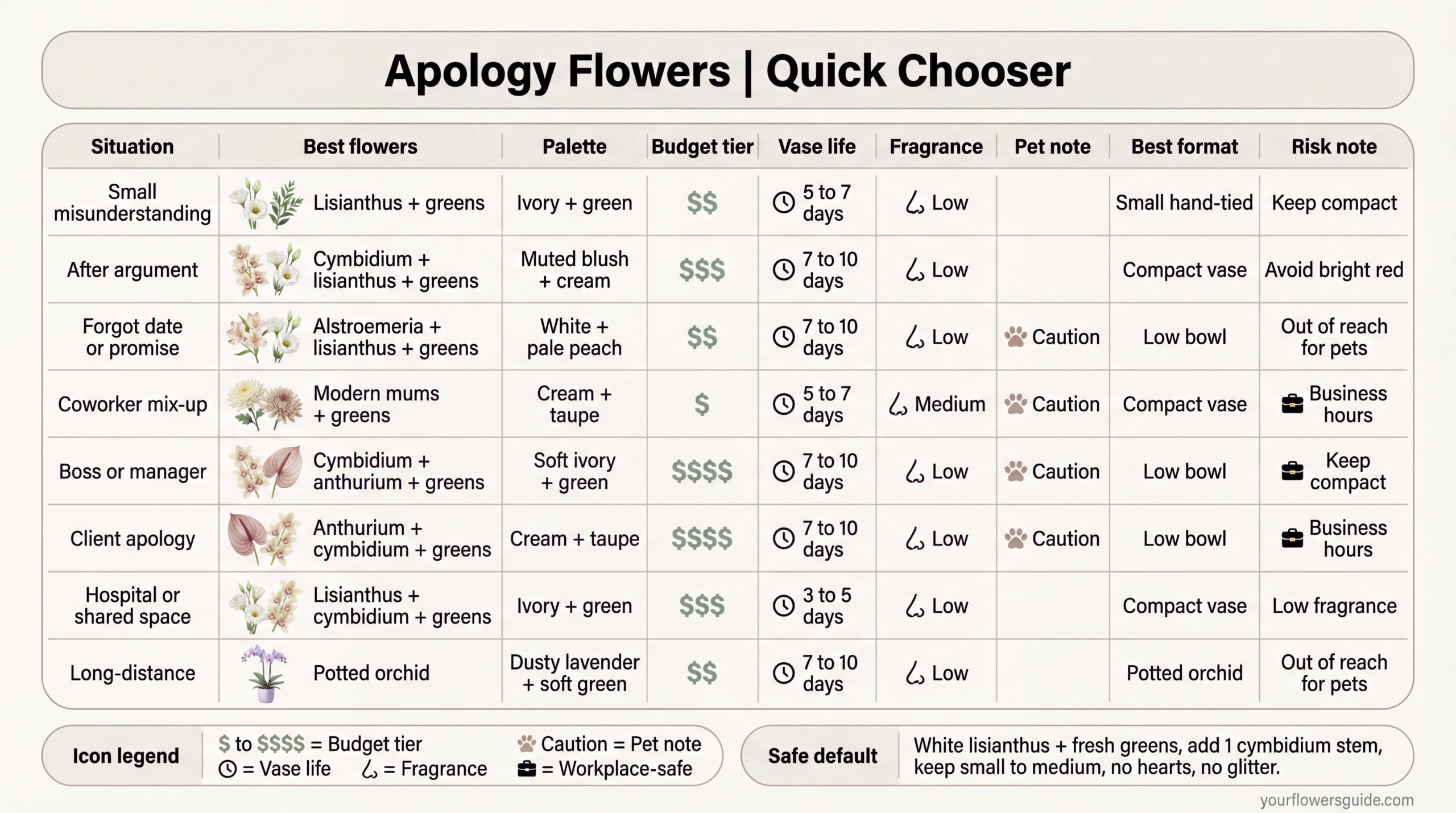 A tall, clean infographic on a warm off-white background with the headline "Apology Flowers | Quick Chooser" in a rounded bar at the top. Below is one large rounded-corner table that compares eight apology situations with recommended flowers, calm color palettes, budget tiers shown by dollar icons, vase life shown by a clock icon with day ranges, fragrance labeled Low or Medium with a scent icon, pet caution marked with a paw icon when needed, the best bouquet format, and a short risk note. Each row includes tiny realistic flower thumbnails beside the flower names. At the bottom, a slim strip shows an icon legend and a "Safe default" formula box. Watermark appears bottom-right.