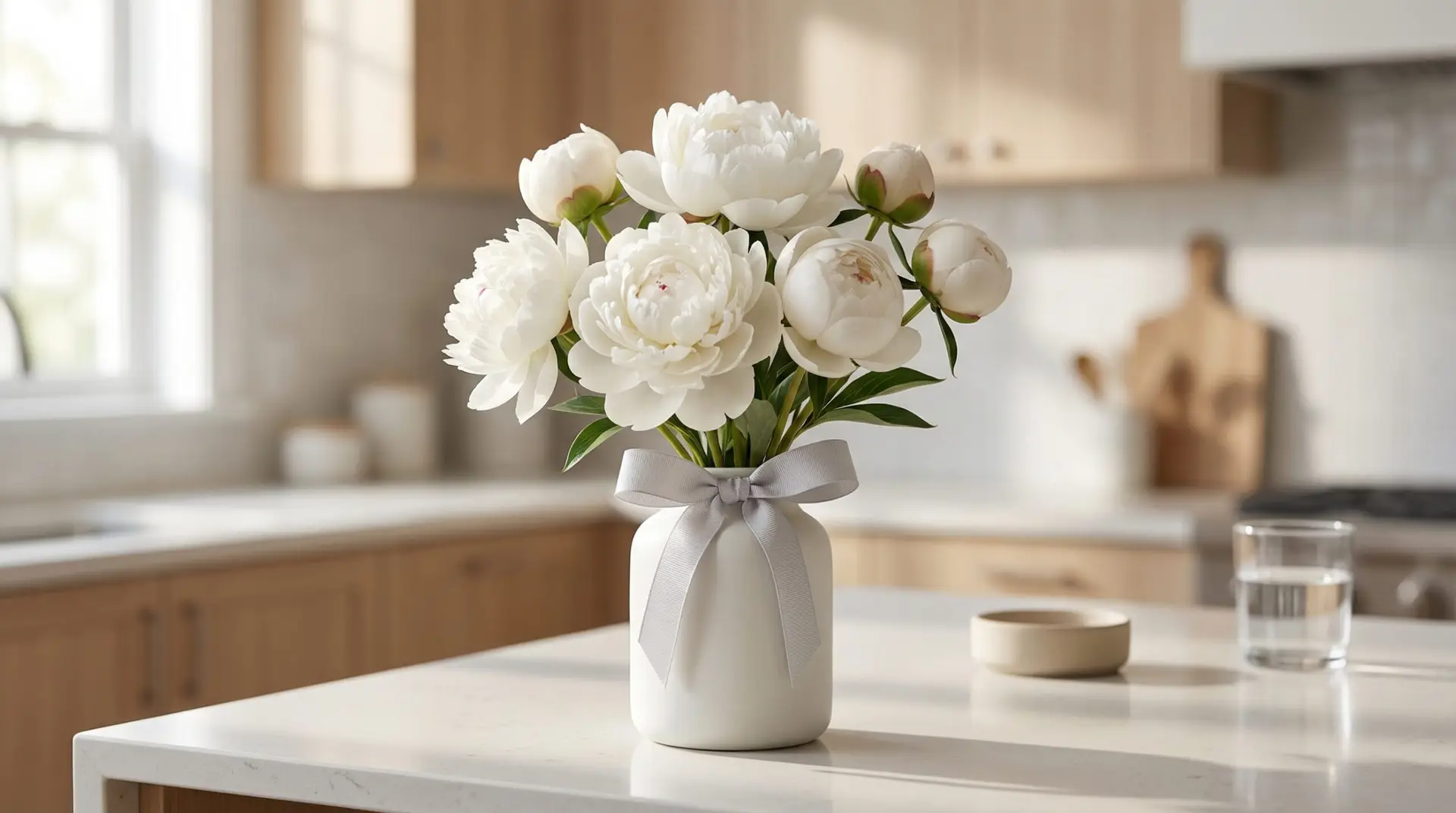 A simple bouquet of white Peonies sits in a matte white vase on a bright kitchen island. The look is minimal and clean with soft morning window light.