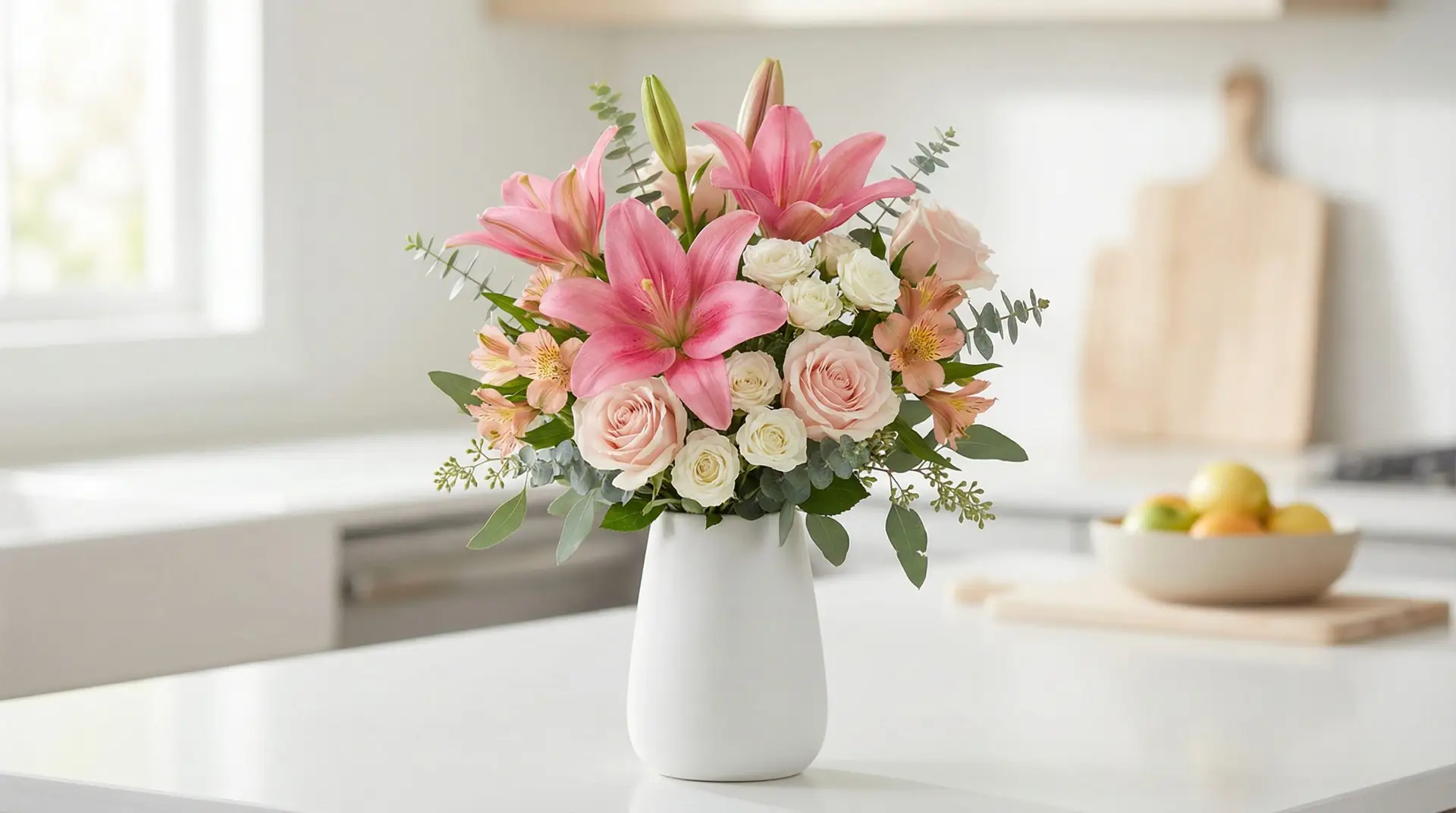Pink lily bouquet with blush roses, white spray roses, and eucalyptus in a matte white vase on a bright kitchen island. Soft morning light and an airy, modern style.