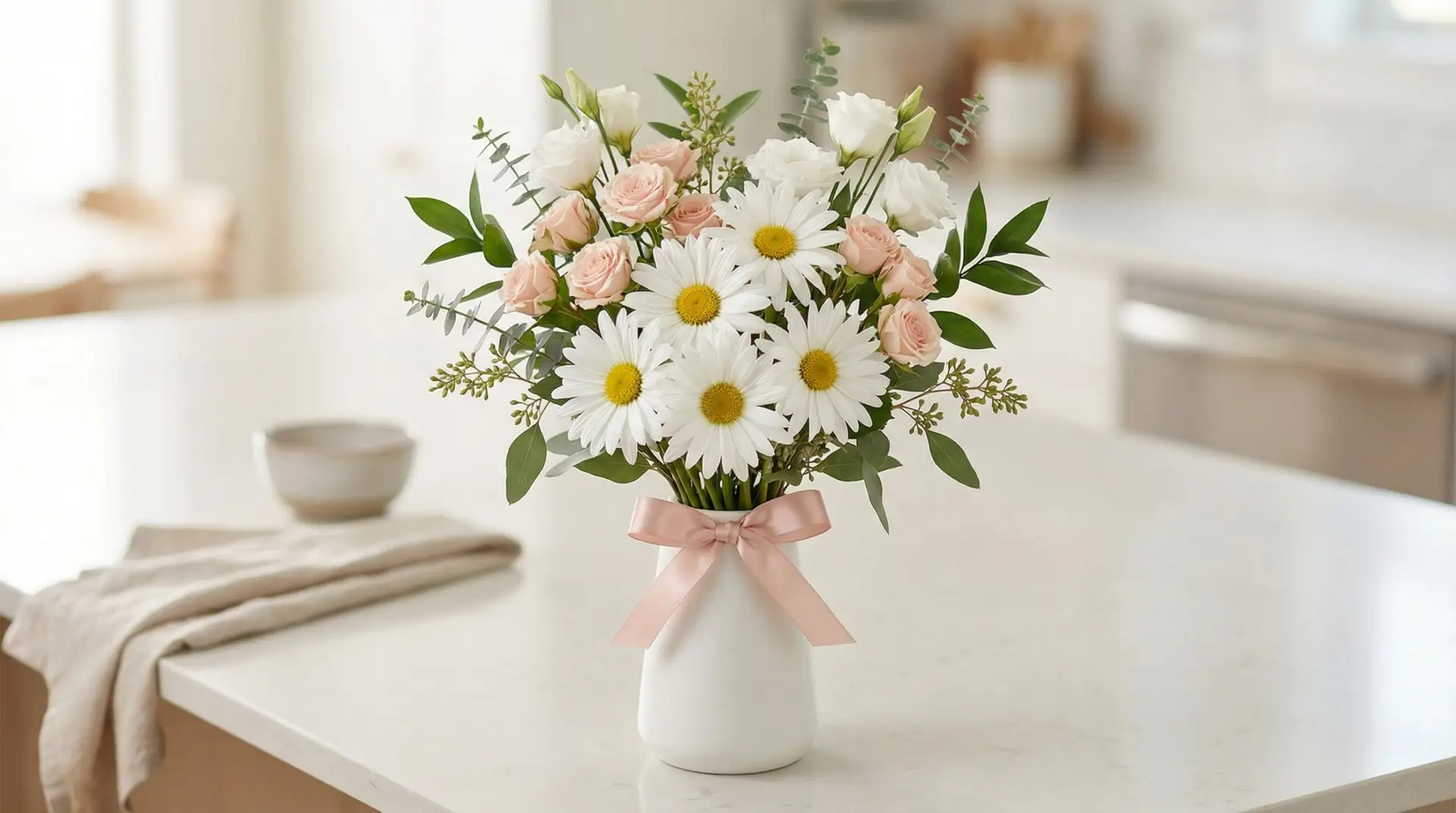 A matte white vase on a bright kitchen island holds Shasta Daisy blooms mixed with blush spray roses and white lisianthus. Seeded eucalyptus and ruscus add soft green framing in natural morning light.