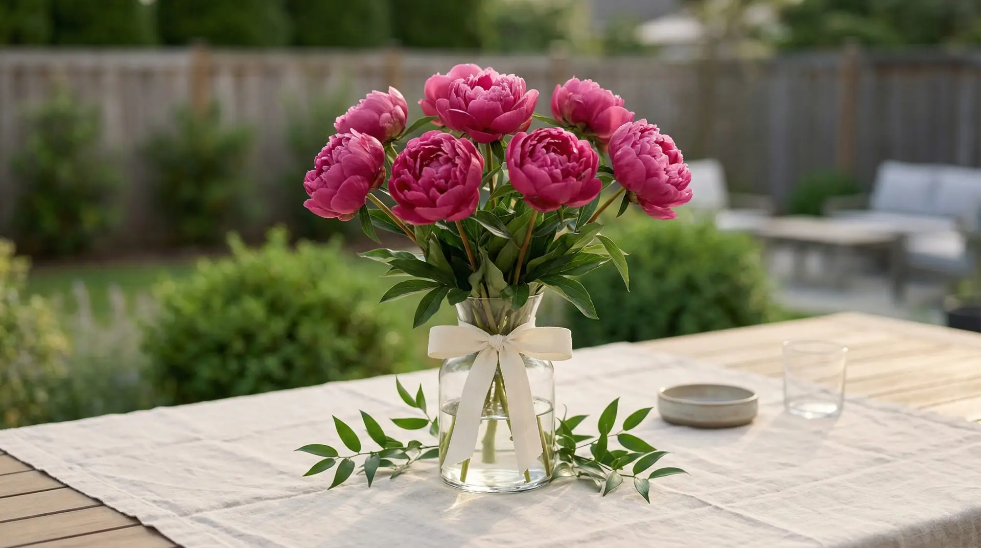 A loose bouquet of deep pink Peonies with a touch of ruscus sits in a clear glass vase on a linen-covered patio table. The look is airy and casual with soft outdoor daylight.