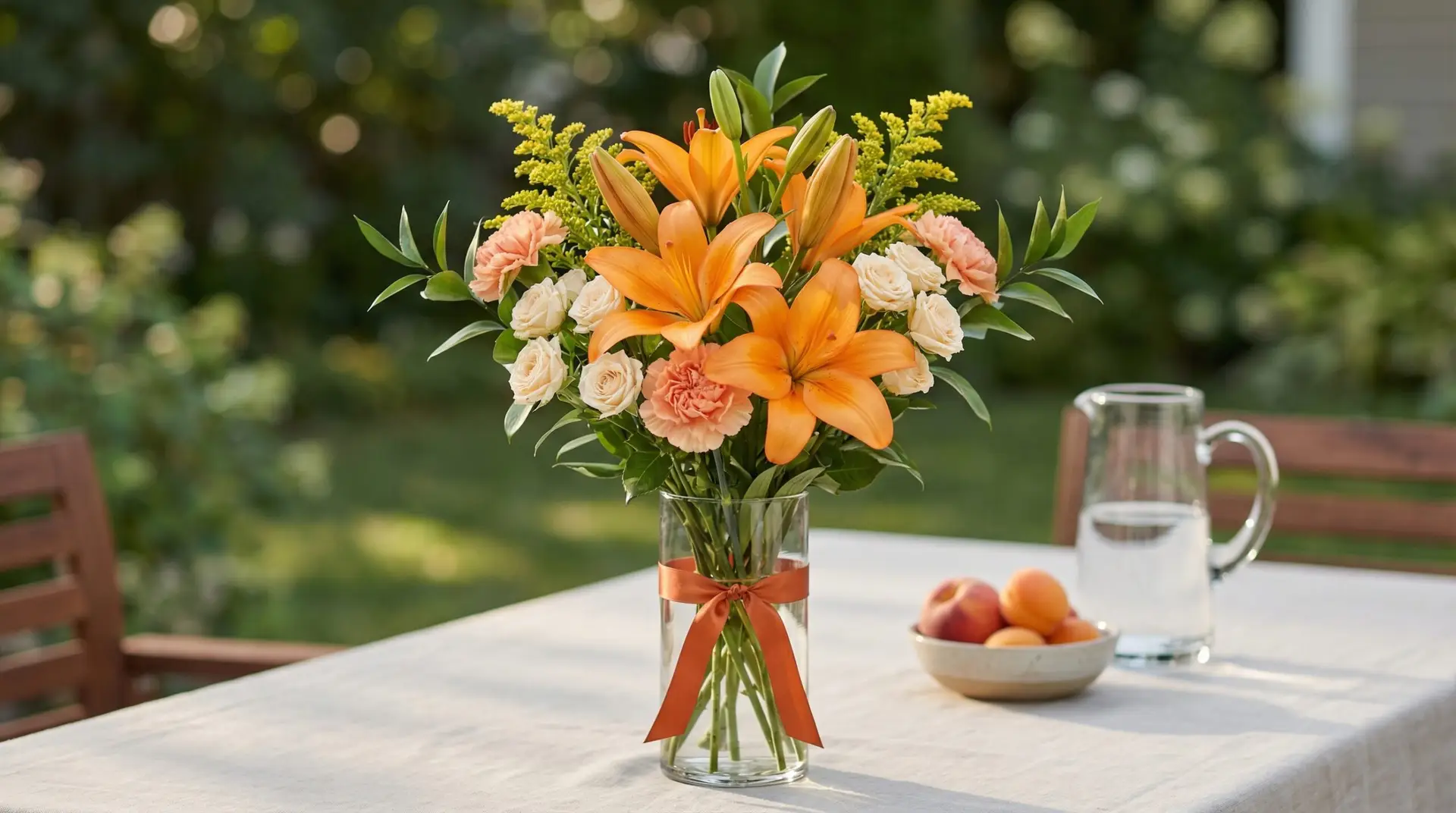 Orange lily bouquet with peach carnations, cream spray roses, and green ruscus in a vase on a linen-covered patio table. Soft outdoor light and a warm, airy garden style.
