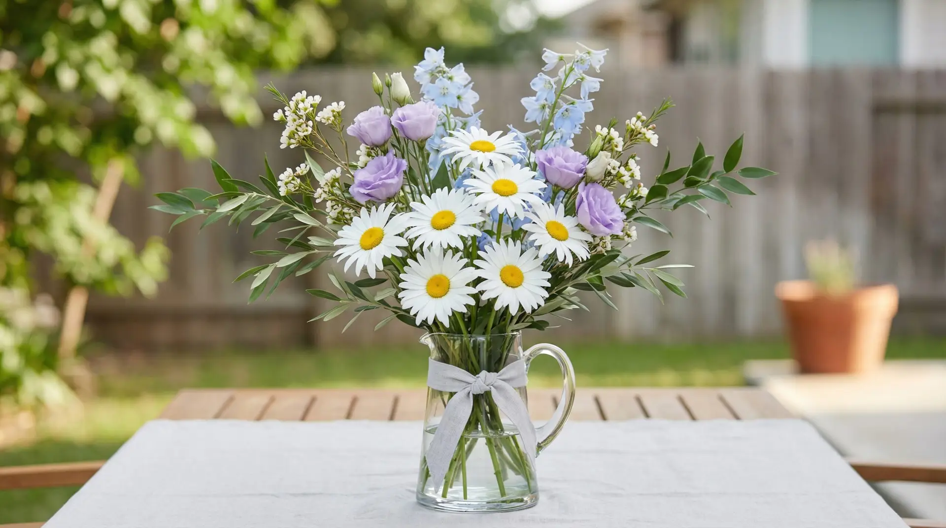 A clear glass pitcher vase holds Shasta Daisy blooms mixed with lavender lisianthus, pale blue delphinium, and light greenery on a patio table. The bouquet looks airy and slightly asymmetrical in natural outdoor light.