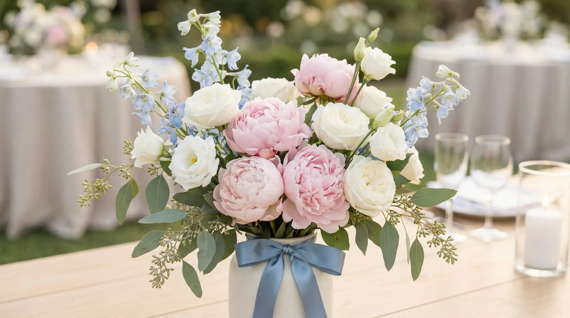 A garden-style bouquet of blush Peonies mixed with white roses, white lisianthus, light blue delphinium, and eucalyptus sits as a small event centerpiece. The palette is pastel with a soft, airy shape.