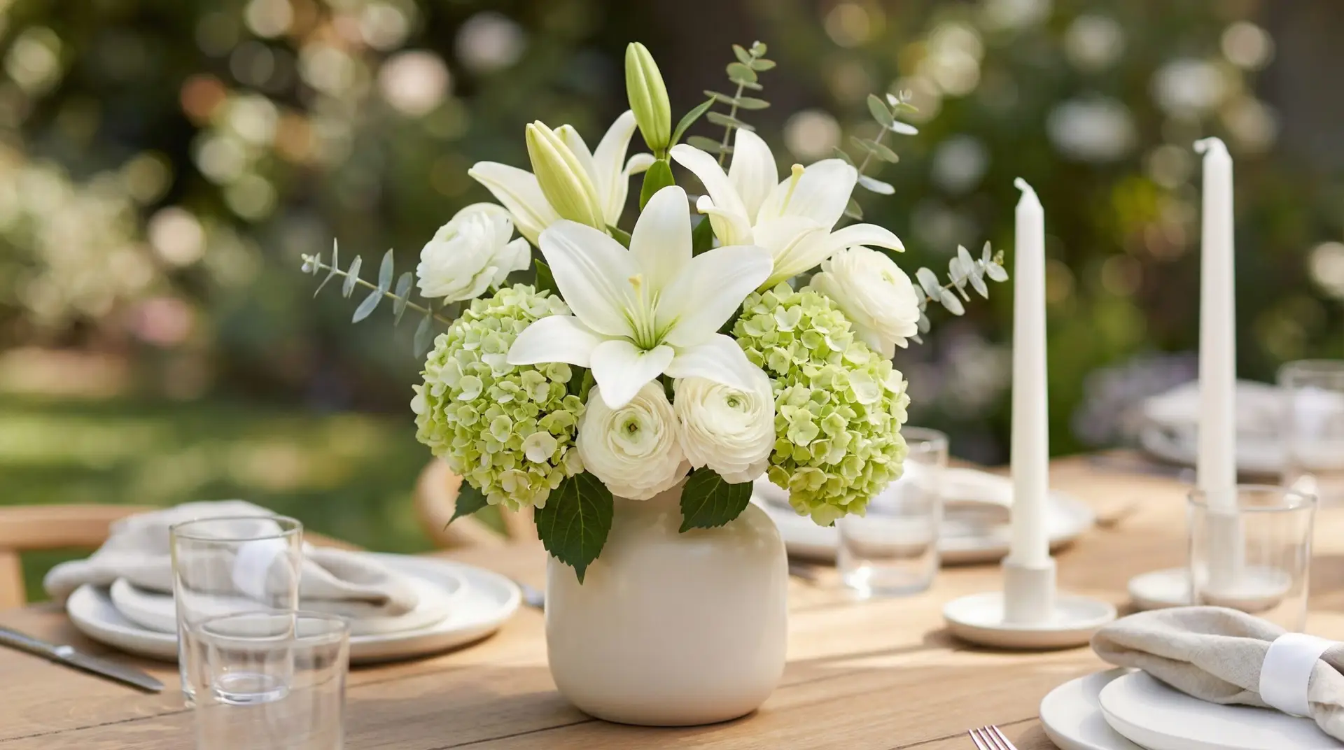 Small white lily centerpiece with green hydrangea, white ranunculus, and eucalyptus in a neutral vase on an event table. Soft daylight and an elegant, airy style.