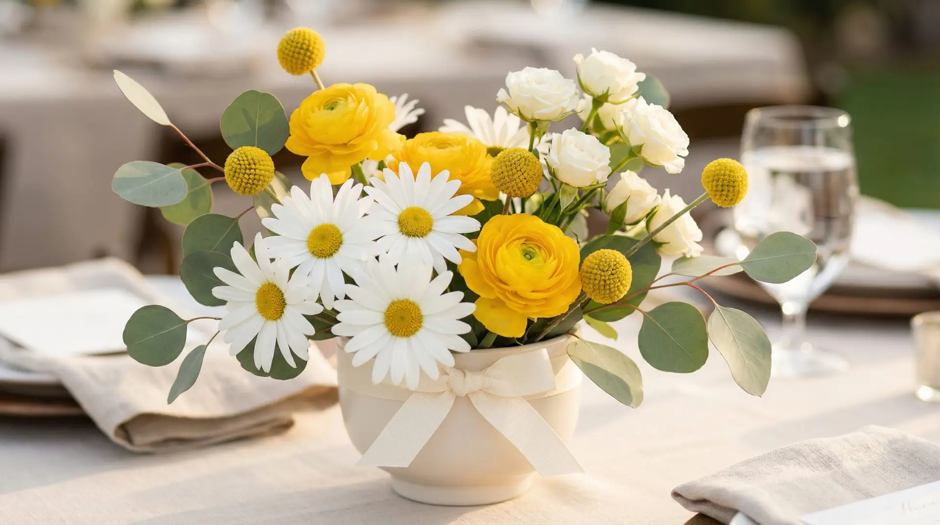 A low white ceramic vase holds a compact centerpiece of Shasta Daisy blooms mixed with yellow ranunculus, white spray roses, and eucalyptus. The palette is white, sunny yellow, and fresh green on a softly blurred event table.