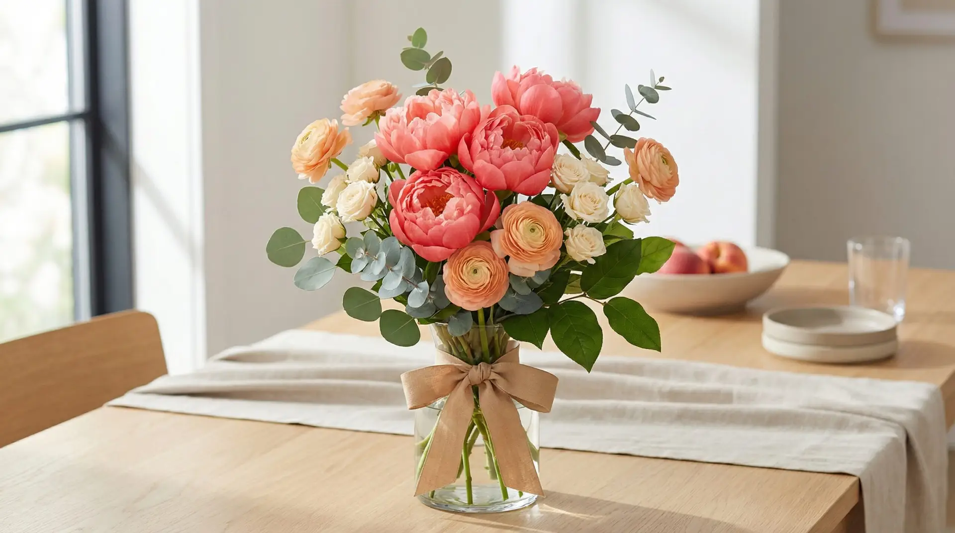 A coral Peonies bouquet mixed with peach ranunculus, cream spray roses, eucalyptus, and salal sits on a light wood table in bright window light. The style is airy and warm with a sunset-inspired palette.