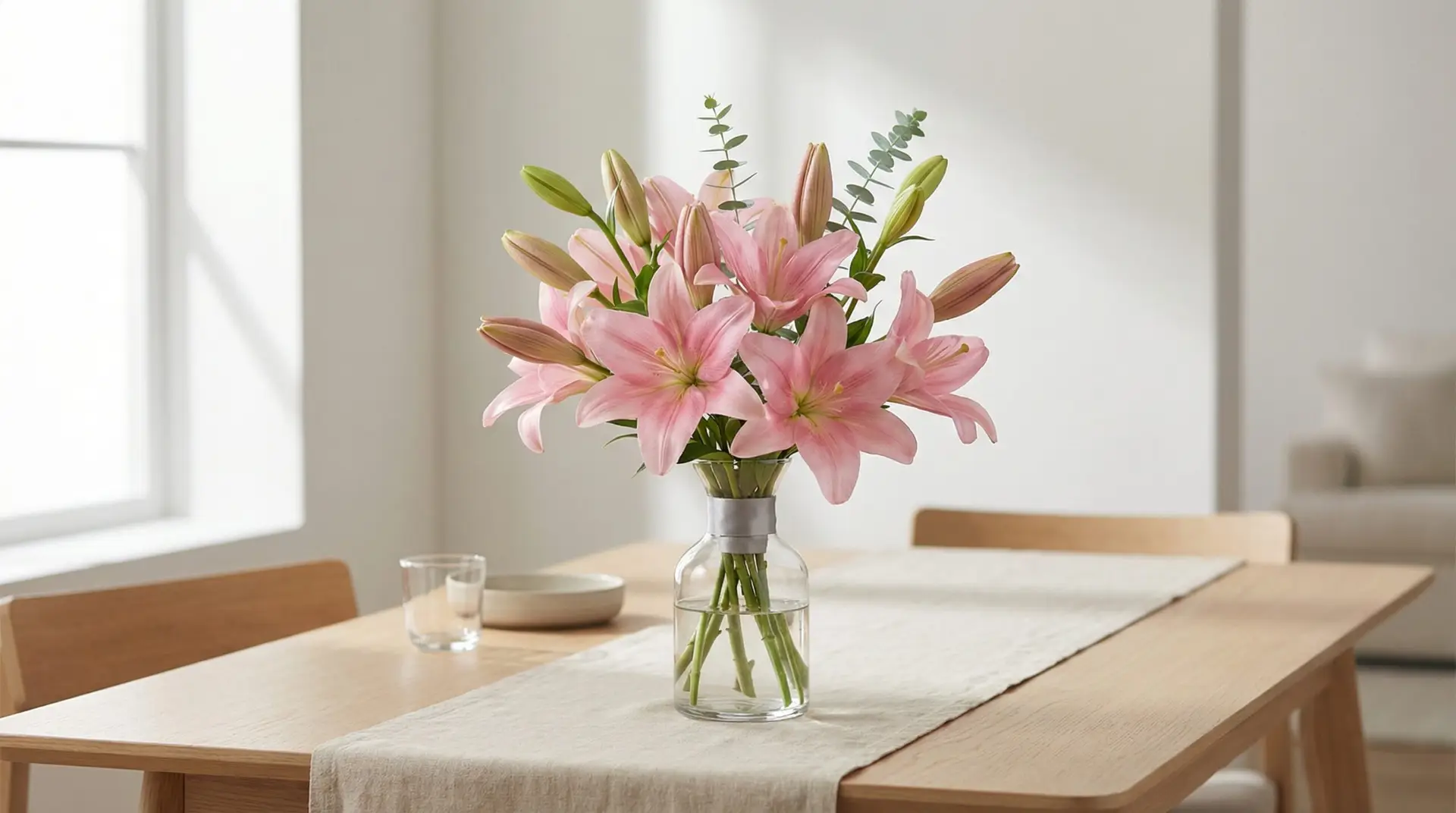 Tall pink lily bouquet with minimal eucalyptus in a neutral ceramic vase on a light wood dining table. Bright window light and a modern, airy arrangement style.