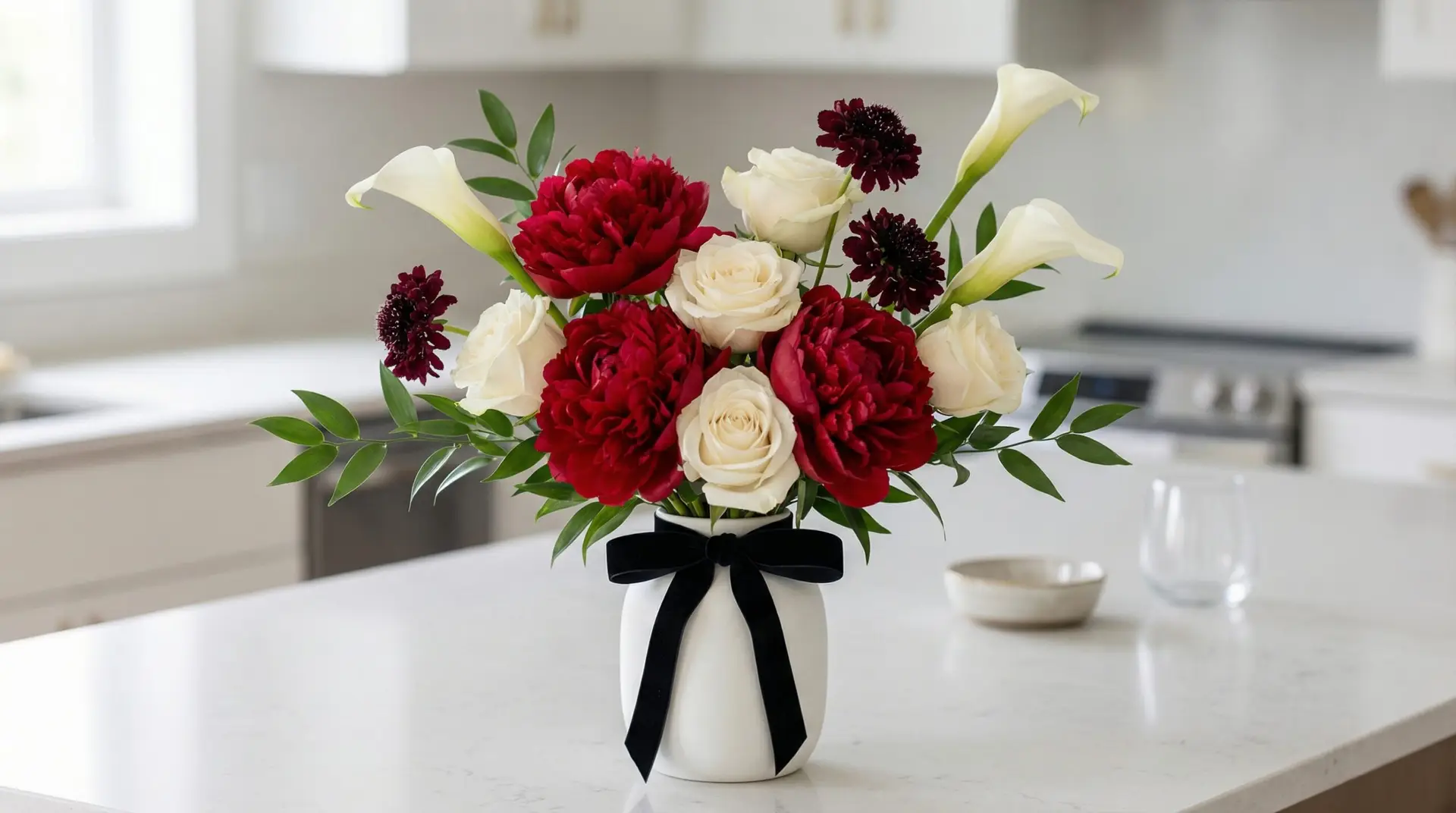 A bold bouquet of deep red Peonies mixed with ivory roses, white calla lilies, burgundy scabiosa, and ruscus sits on a bright kitchen island. The look is modern with a black velvet ribbon.