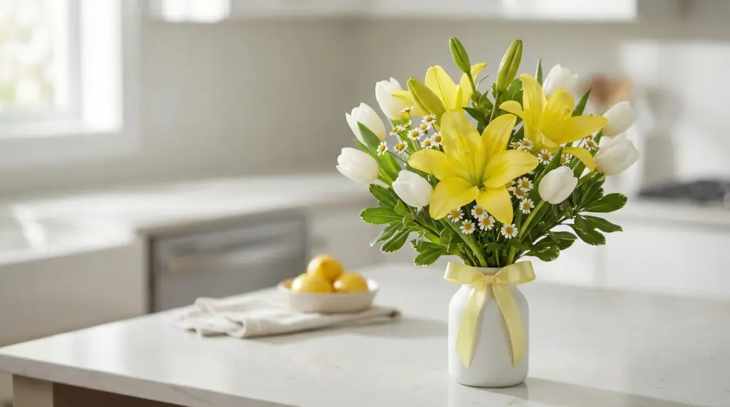 Yellow lily bouquet with white tulips, chamomile, and green pittosporum in a matte white vase on a bright kitchen island. Soft morning light and a clean spring style.