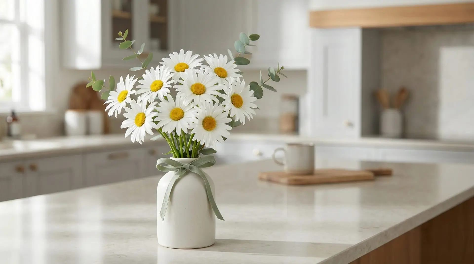 A light stoneware vase on a bright kitchen island holds white Shasta Daisy blooms with yellow centers and a small touch of eucalyptus. The bouquet looks simple and modern in soft morning window light.