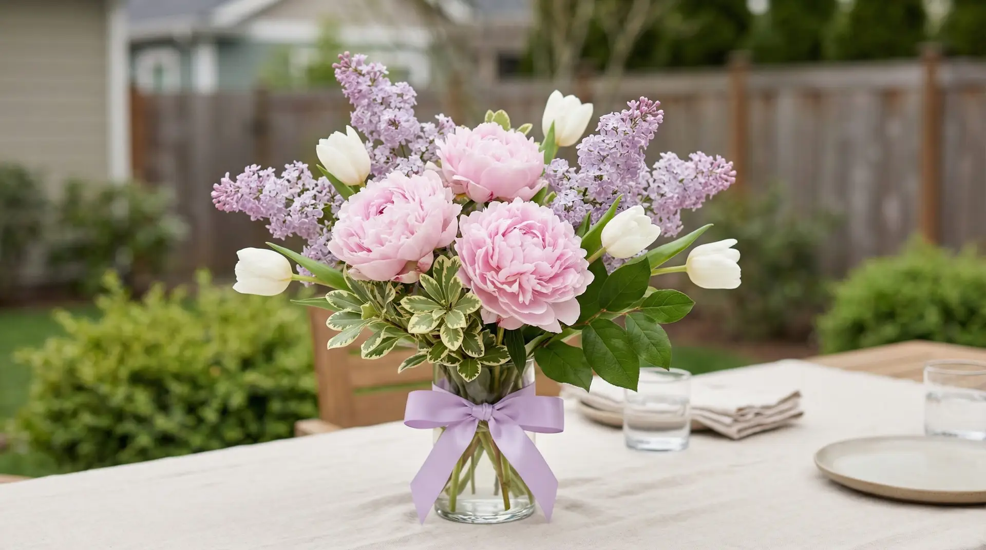 A cottage-style bouquet of soft pink Peonies mixed with lilac stems, white tulips, and light greenery sits on a linen-covered patio table. The palette is pink, lilac, and white with an airy oval shape.