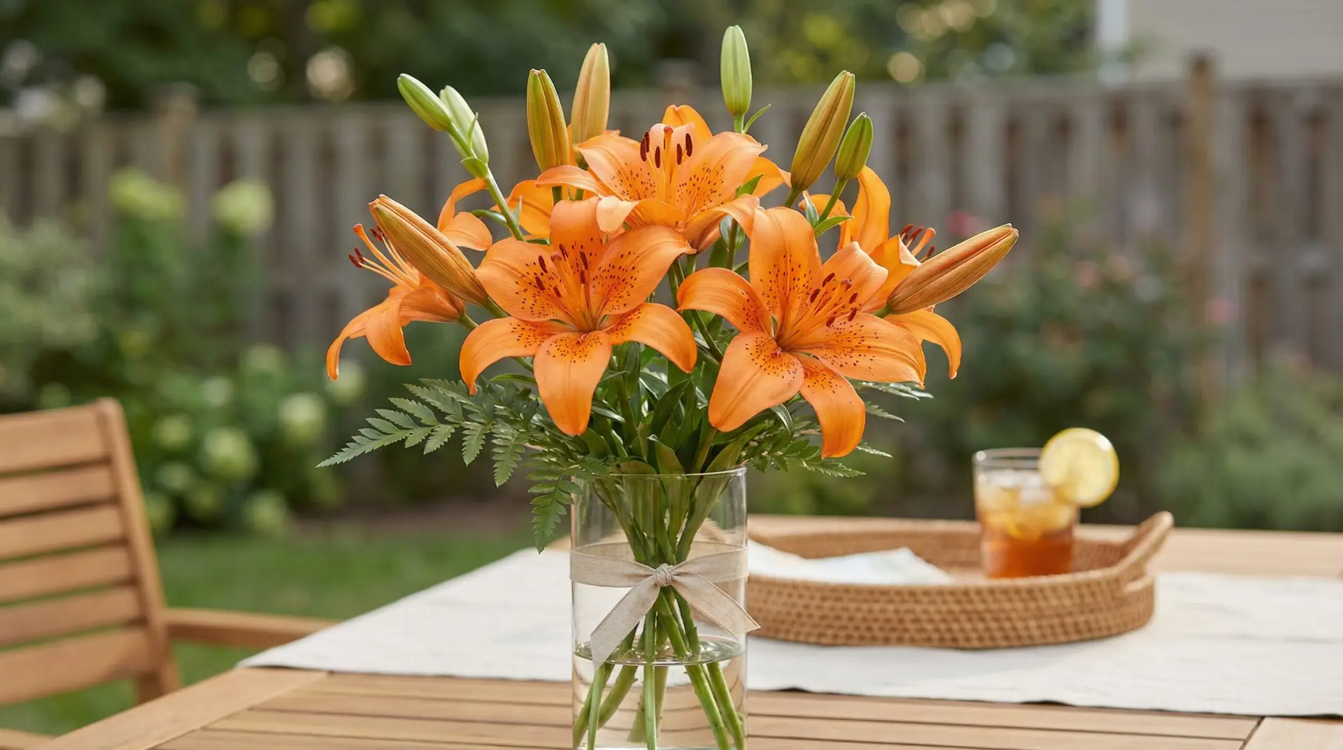 Tiger lily bouquet in a clear glass vase on a linen-covered patio table with soft garden bokeh. Bright orange lilies in an airy, meadow-like arrangement.