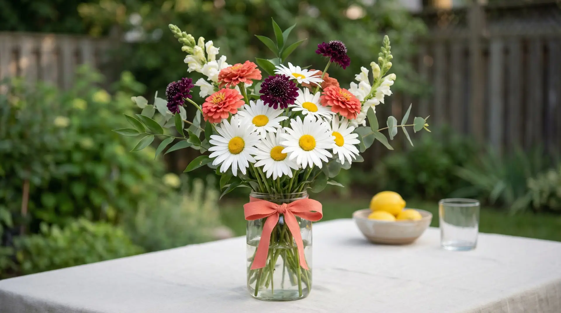 A clear glass jar vase holds Shasta Daisy blooms mixed with coral zinnias, plum scabiosa, and light greenery on a linen-covered patio table. The bouquet looks loose and colorful in soft outdoor daylight.