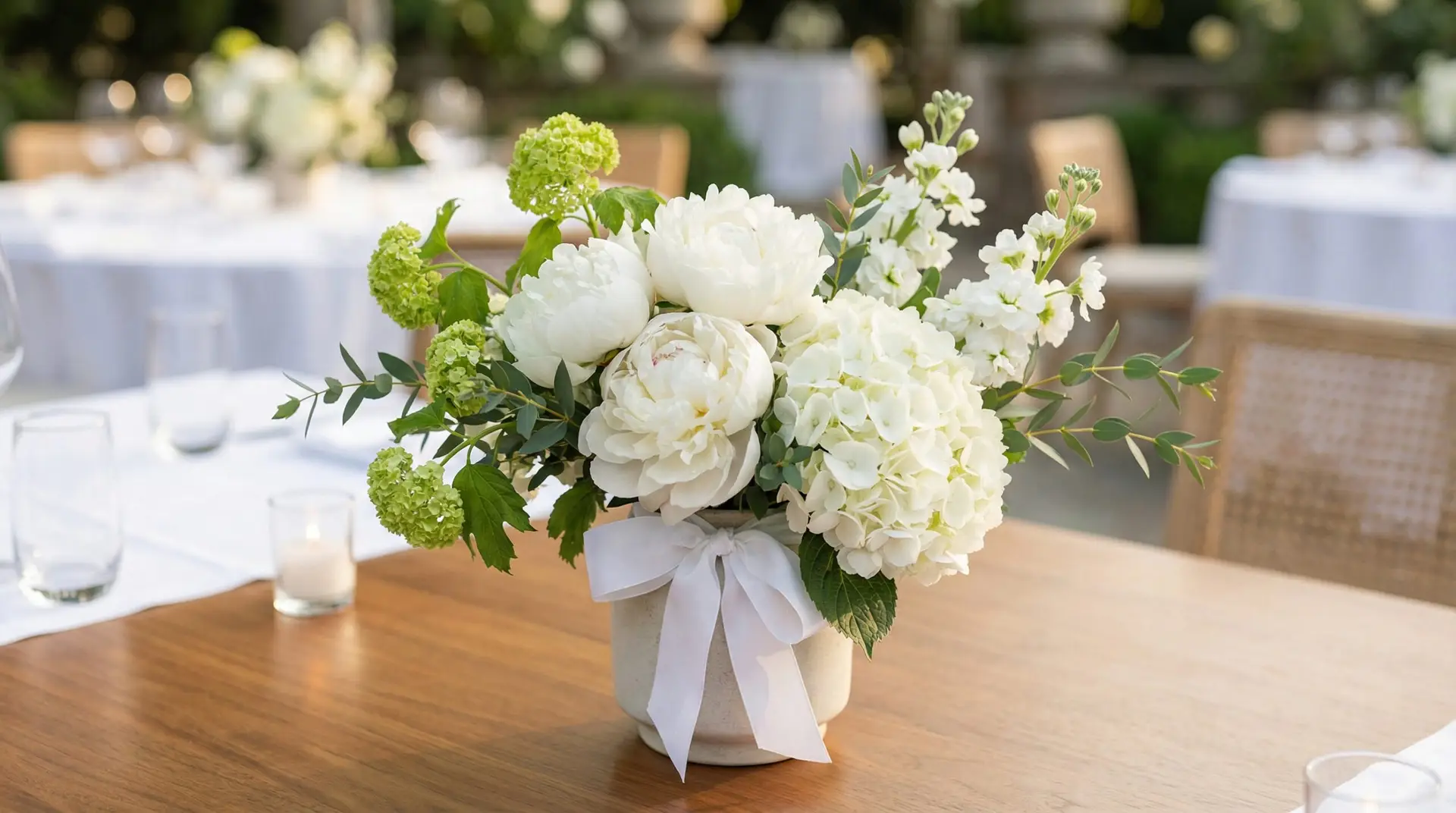 A golden hour event centerpiece featuring bronze and yellow chrysanthemums with small sunflowers and white daisies in a clear vase. The bouquet is lively and slightly asymmetrical with eucalyptus and red berry accents.