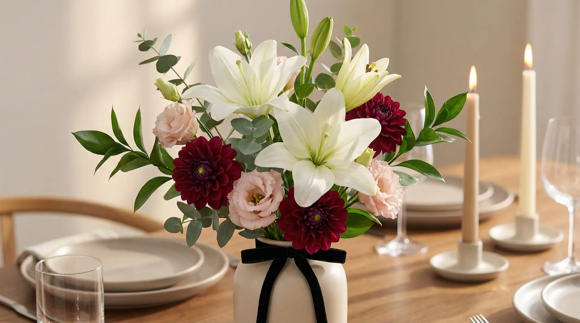 White lily centerpiece with burgundy dahlias, blush lisianthus, and eucalyptus in a neutral vase on an elegant event table. Soft natural light and a modern, airy arrangement style.